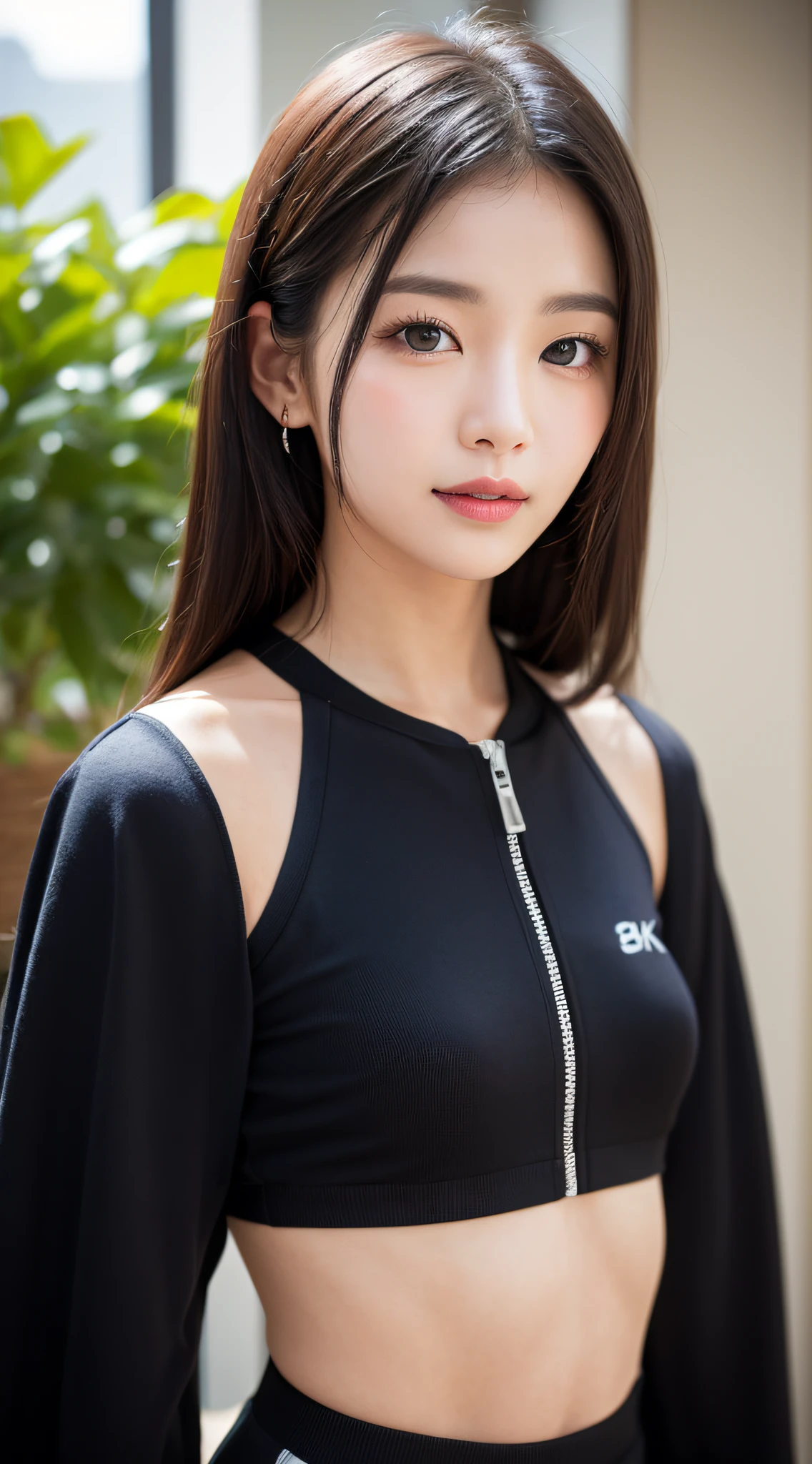 ((best quailty、8K、a masterpiece of:1.3))、foco nítido:1.2、(ultra beautiful face:1.0)、(Slender Abs Beauty:1.0)、(shinny skin:1.0)、photograph realistic、Black-haired、Video Lighting、High-definition eyes and face、Video Lighting、(cow-boy shot:1.3)、swim wears、(Korean Cute Actress)、from the front side、medium large breasts、A slight smile、Sleeveless
