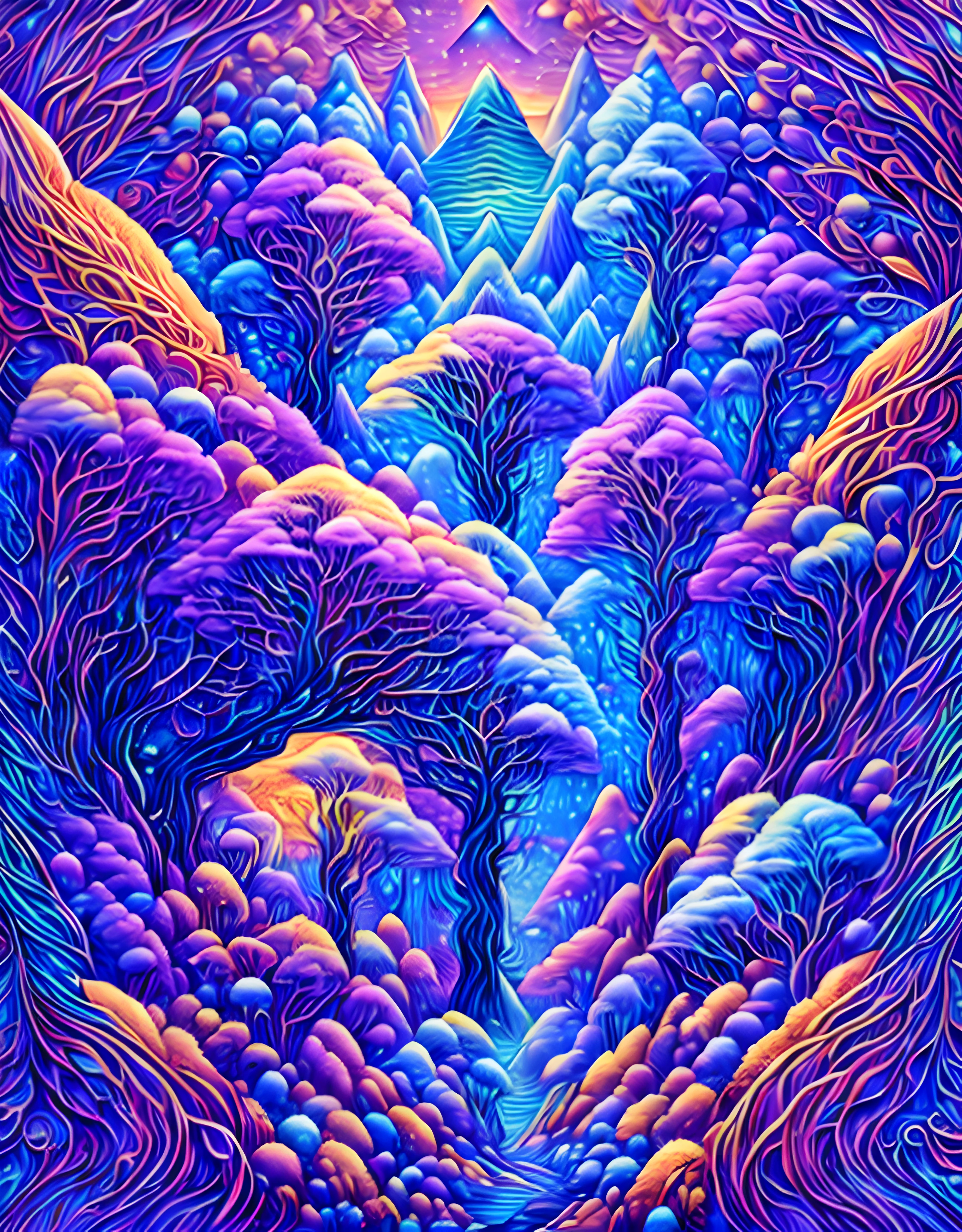 masterpiece), best surreal masterpiece, top quality, best quality, official art, beautiful and aesthetic:1.3) , blue skin godess and god looking at eachother ,full body exposed ,holding eachother ,extreme detailed,gaia,landscape and forest,colorfull,highest detailed, official art, gold leaf ,glitter art ,unity 8k wallpaper, ultra detailed, beautiful and aesthetic, beautiful,fractal art, mystical and otherworldly, with intricate fur and piercing eyes, in the breathtaking mountain landscape of NCWinters ,alex grey ,psychedelic, dmt