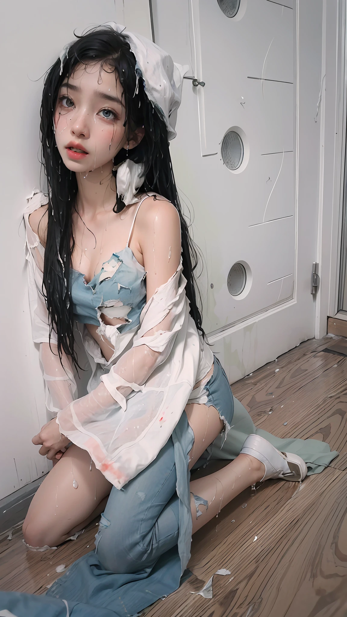 best image quality, masterpiece, super high resolution, (fidelity:1.4), photo, 1 girl, white shirt, torn jeans, white sneakers, dim, darkness, despair, pity, poor, movie, tears, teardrops, (torn clothes:1.5), (wet clothes:1.4), bare shoulders, real rain, wet hair,..