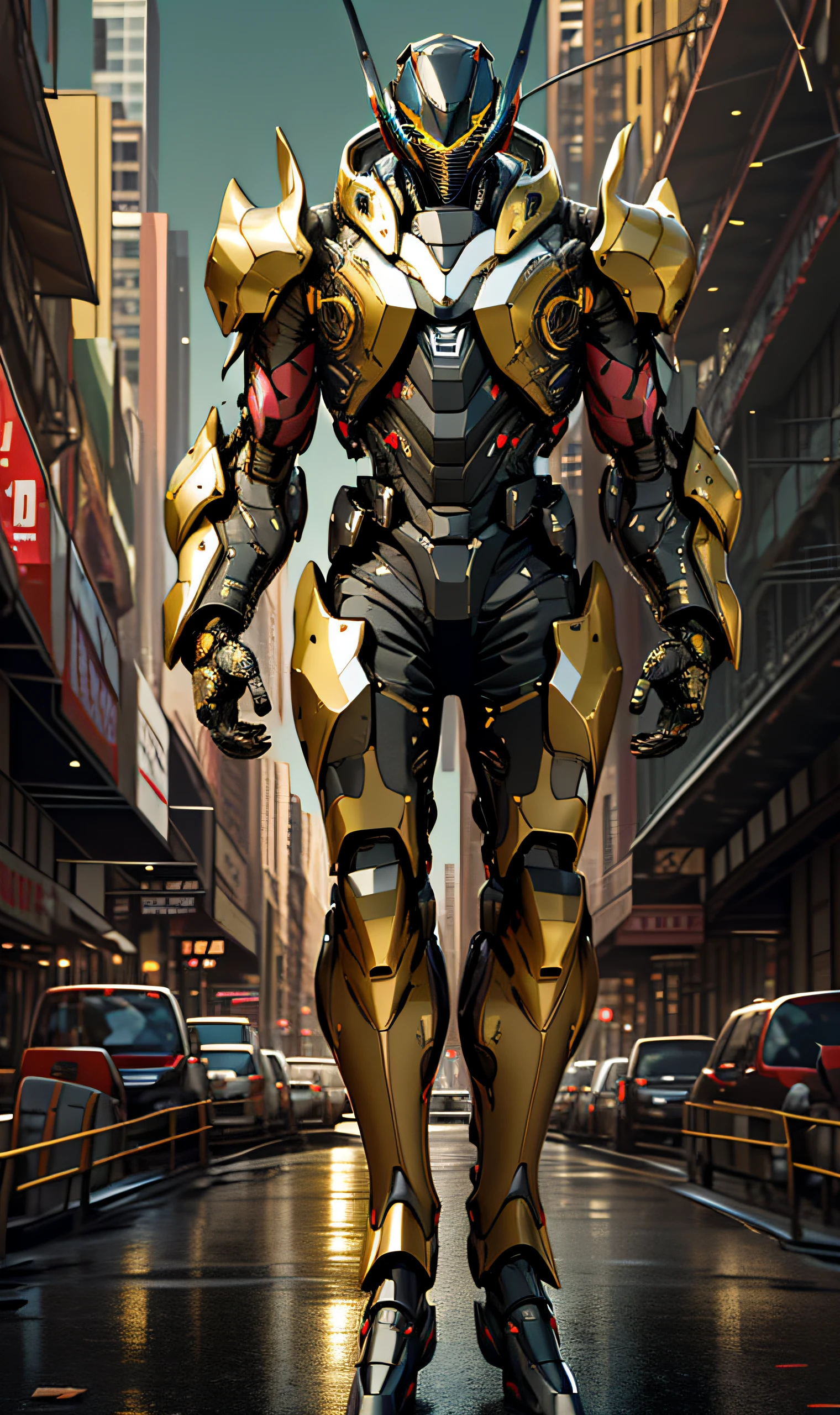 exoskeleton  robot , intricate armor, crystal mecha, psychedelic details,
9d,(city war background), clean lines,  negative space, high contrast, gradient color, (golden black), show full body portrait , best images quality, perfect resolution, moody, sharp focus