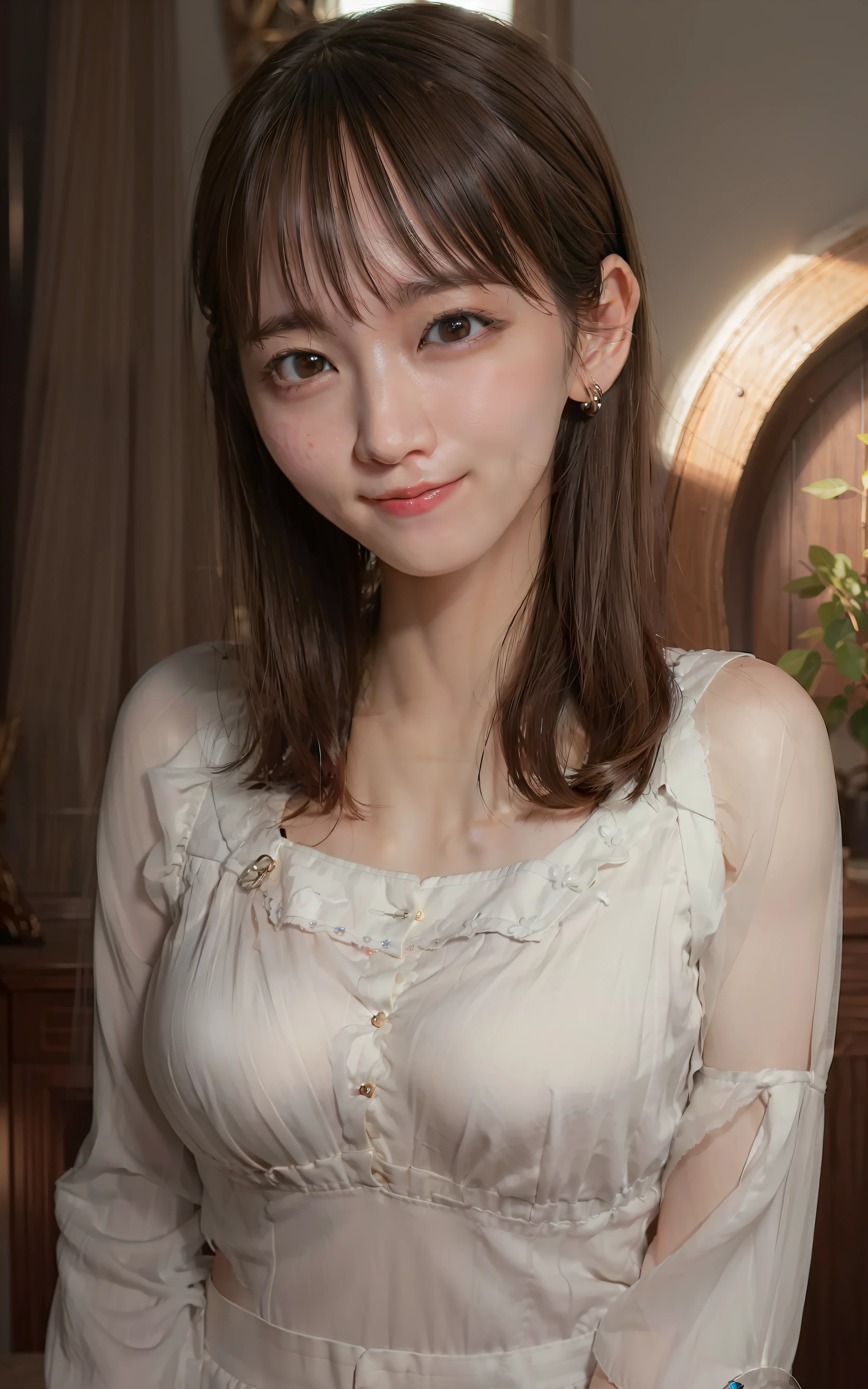 best quality, masterpiece, ultra high res, photorealistic, 1girl, offshoulder, smile