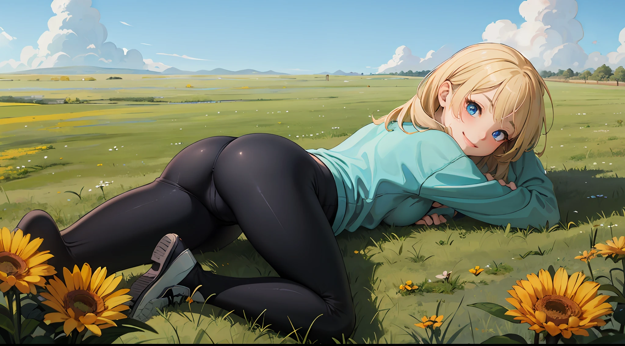 best quality, masterpiece, small breasts, smile, sweatshirt, leggings, outdoors, anime style, grass field, daytime, blue sky, blue eyes, detailed eyes, medium hair, blonde hair, loose hair, bangs, lying down, ass,