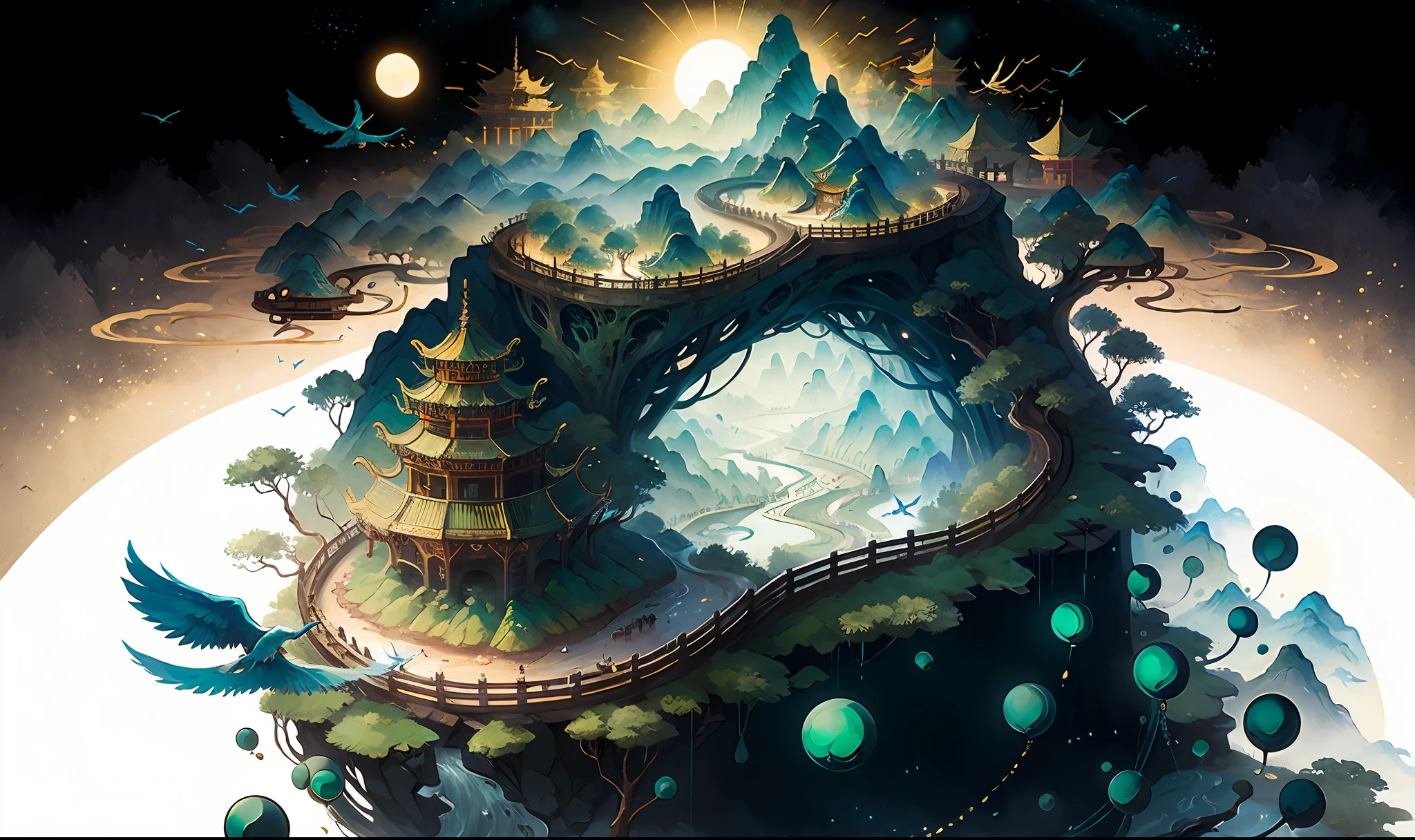 Images of Asian landscapes, mountains and birds in the air, otherworldly visual style in fantasy, light green Forest and gold, intricate map world, surreal illustrations, romantic cityscapes, detailed character illustrations, organic shapes and curves, , ancient Chinese landscapes, mountains, rivers, auspicious clouds, sunlight, masterpiece, super detail, epic composition, ultra hd, high quality, extremely detailed, official art, unified 8k wallpaper, super detail, 32k -- v 6 --v6