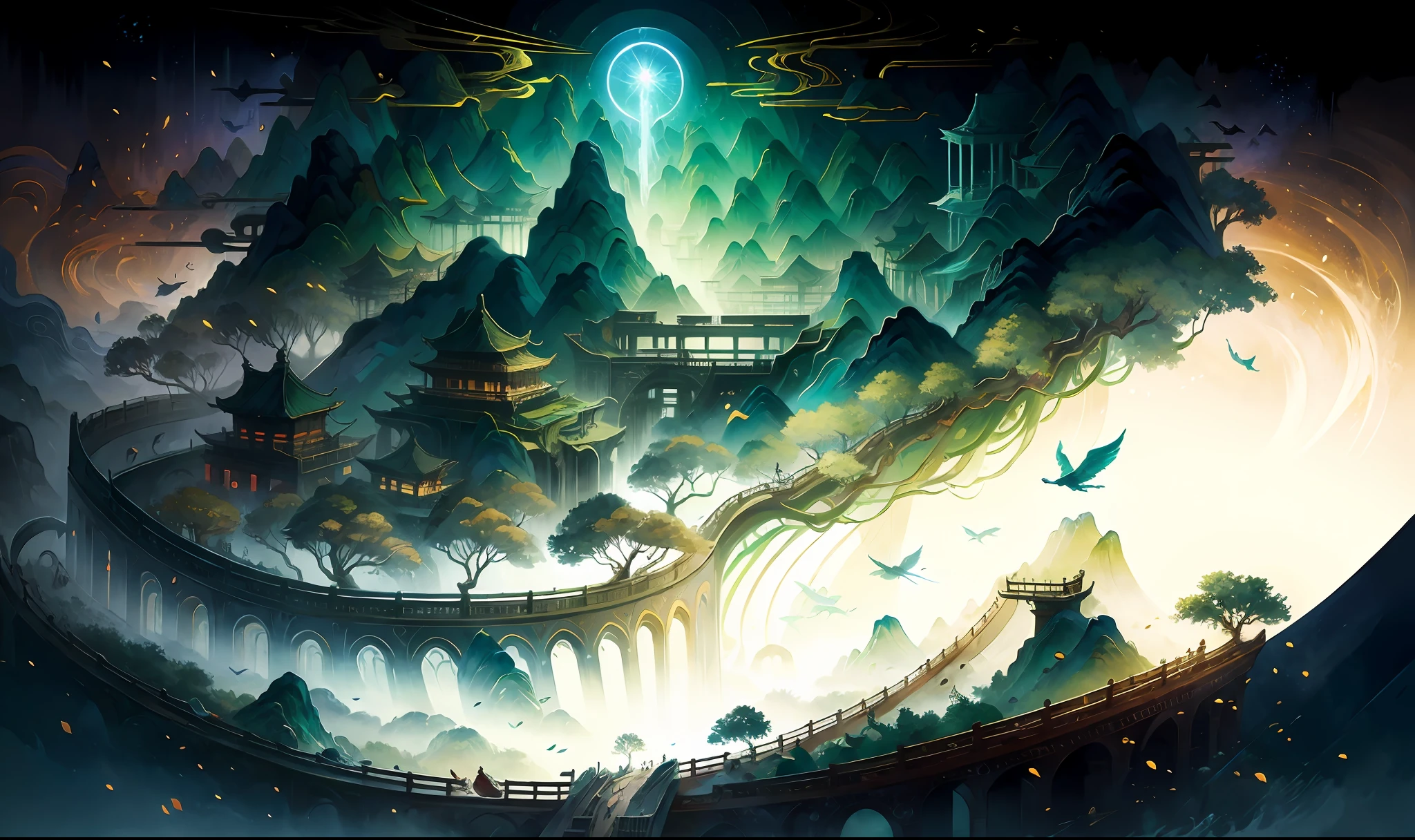 Images of Asian landscapes, mountains and birds in the air, otherworldly visual style in fantasy, light green Forest and gold, intricate map world, surreal illustrations, romantic cityscapes, detailed character illustrations, organic shapes and curves, , ancient Chinese landscapes, mountains, rivers, auspicious clouds, sunlight, masterpiece, super detail, epic composition, ultra hd, high quality, extremely detailed, official art, unified 8k wallpaper, super detail, 32k -- v 6 --v6