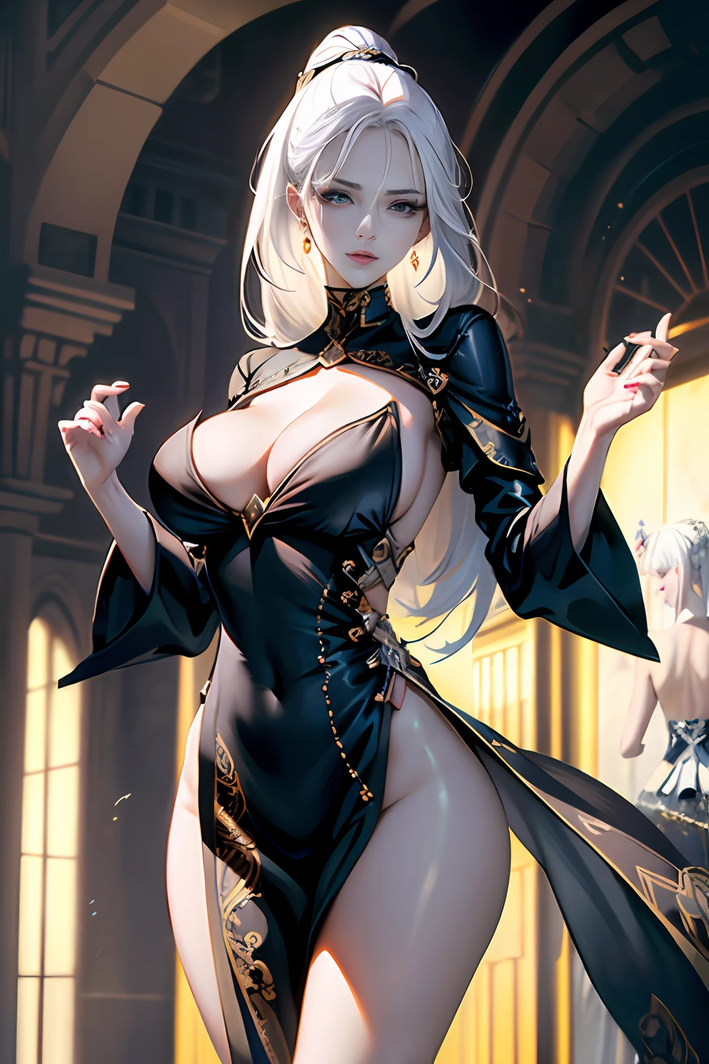 stunningly beautiful Alina Kabaeva face whit Lisa Ann body in her 20 as a powerful female sorceress , standing tall in a full-length dress, her hands glowing with magical energy in a manga-style drawing. White hair