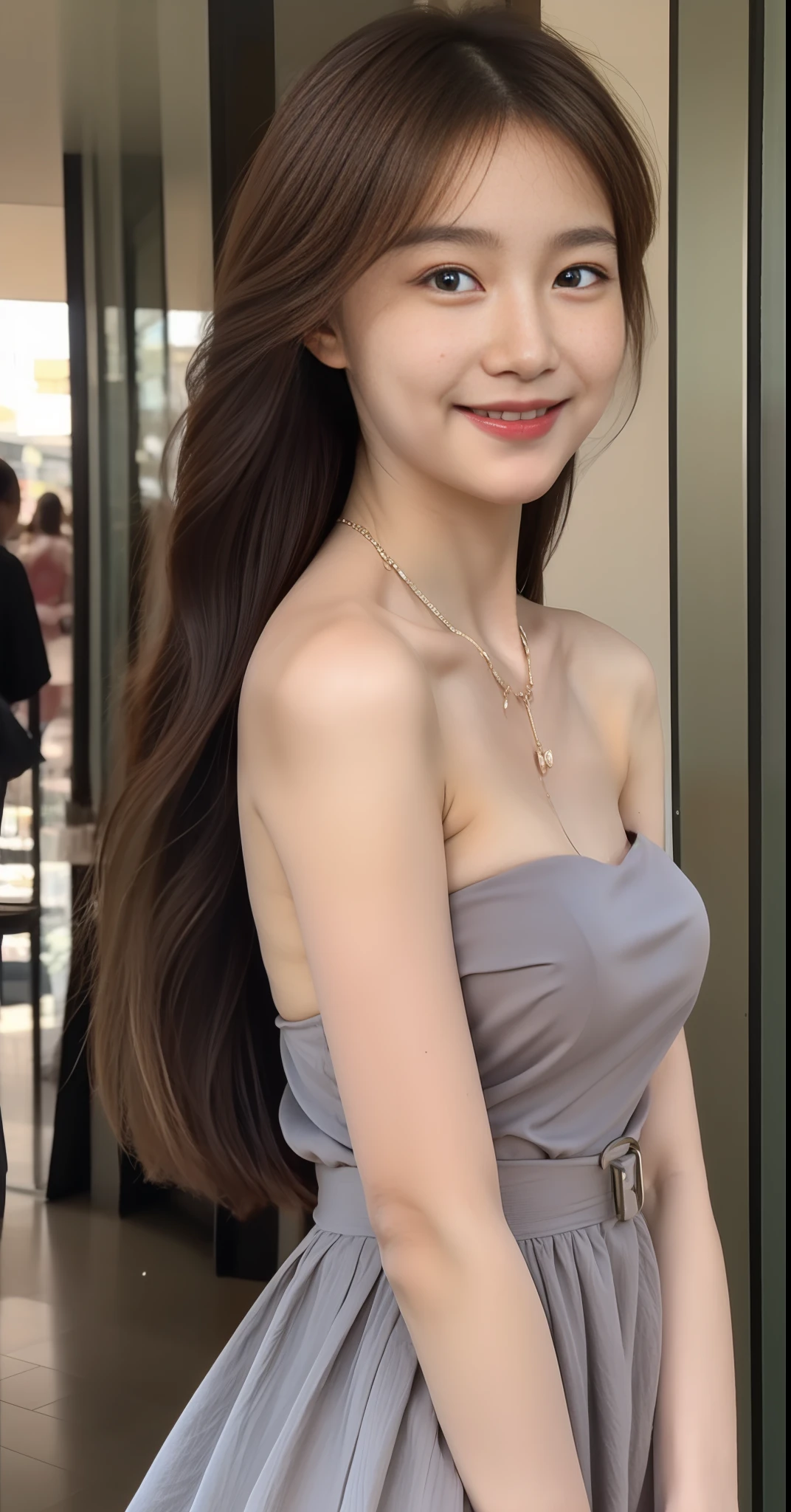 Girl around 18 years old, simple, extremely beautiful and delicate, (light makeup), brown hair, sweet smile, delicate beautiful fair skin, realistic and realistic, delicate and complete facial features, detailed facial portrayal, high nose bridge, red lips, beautiful gentle beautiful girl, flowing smooth hair, extremely delicate hair, soft temperament, face light, surreal, realistic, 8K picture quality, extreme details, realistic details, master works, realistic extreme, body, absolutely beautiful, pure desire, stunning beauty, peerless beauty, the highest picture quality, 8k resolution, goddess, smile, fine facial features, hair over the shoulder, brown hair, long thin legs, black bandeau dress with belt, legs exposed, sweet smile frank, surreal, blue gemstone necklace, sunlight, facing the camera, well-proportioned and firm figure, gentle eyes, exposed thighs, standing posture, standing in the mall, full body photo, medium view,