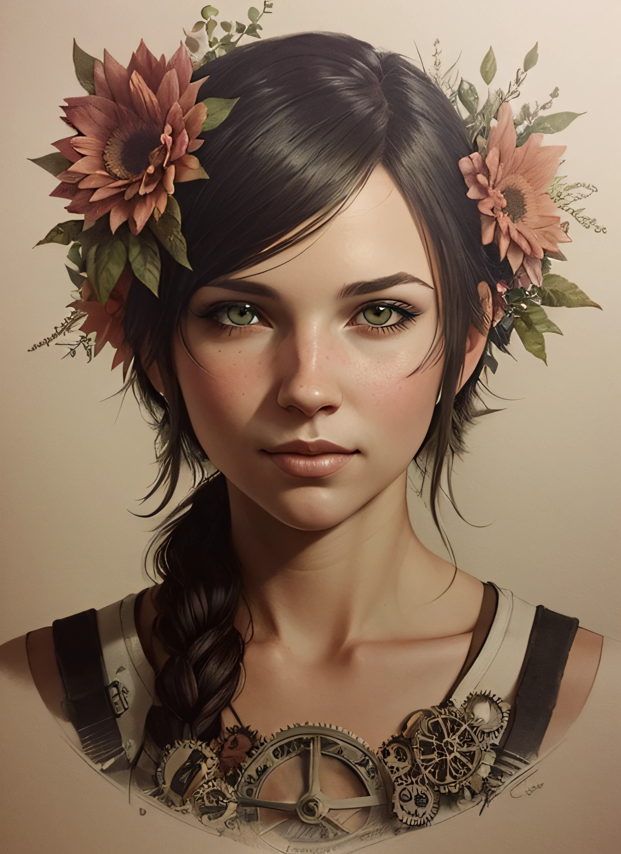 Charlie Bowater realistic Lithography sketch portrait of a woman, flowers, [gears], pipes, dieselpunk, multi-colored ribbons, old paper texture, highly detailed, peaceful and beautiful, final fantasy XV