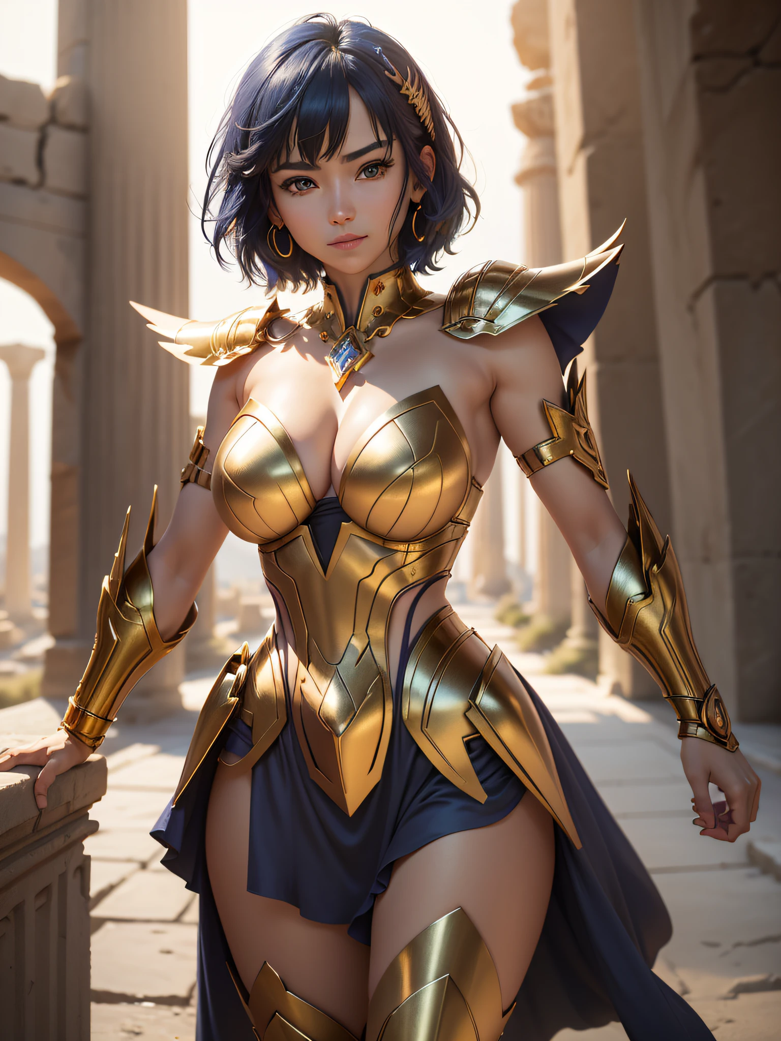 dynamic pose of defmas4, (realistic, photo-realistic:1.37),(8k, RAW photo, best quality, masterpiece:1.2),best quality,photo,Nikon camera,35mm lens,DARK blue hair,brown eyes :1.1),1girl,((jiangshuying)),smile,hair bangs,short hair,(cleavage:1.2),cancerarmor, greek ruins background,looking at viewer,(depth of field, blurry background, bokeh:1.3),armor,golden shinning armor,reflection armor,helmet,(extremely bright backlight:1),(The Greek Temple In the desert),ultra wide angle,dynamic angle,ultra-detailed,physically-based rendering,ultra high res,front lighting,looking at viewer,solo,best quality,extremely detailed face,extremely detailed eyes and face,beautiful detailed eyes,incredibly absurdness,