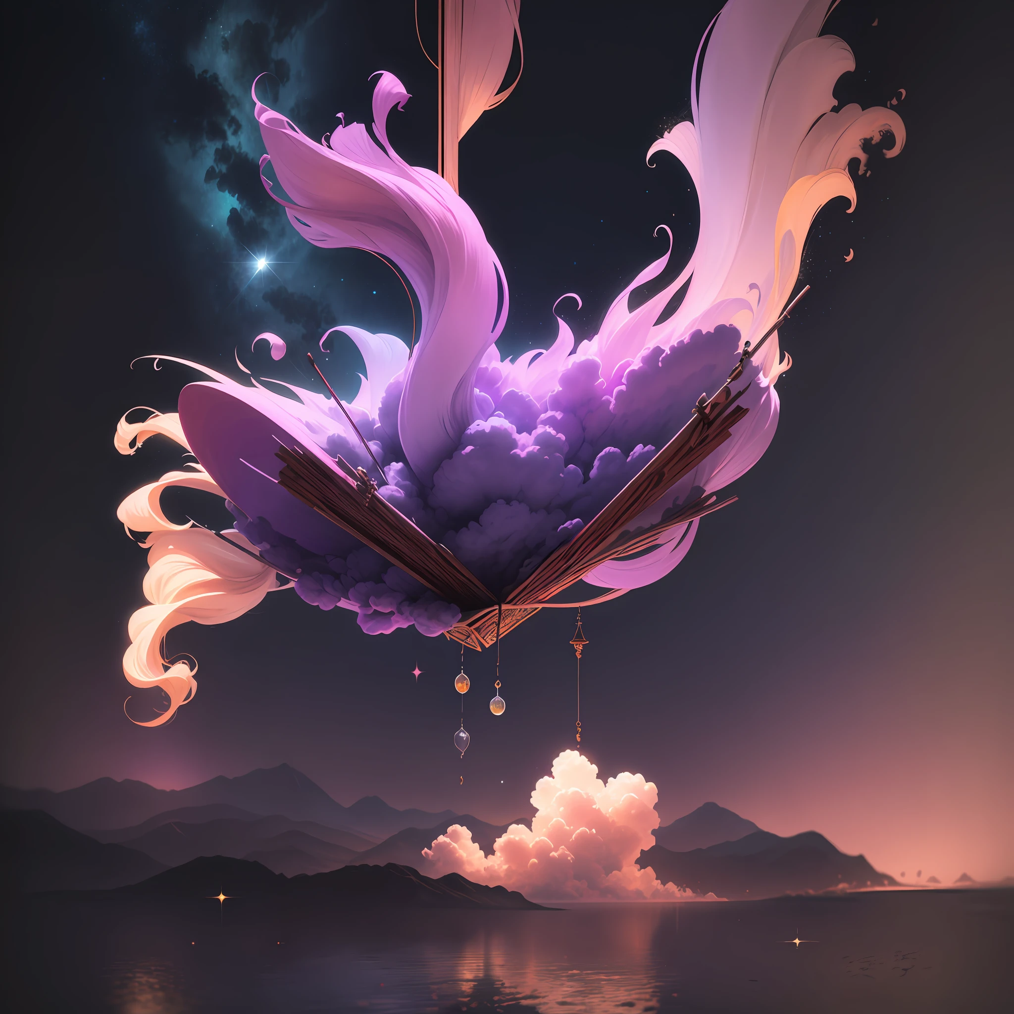 neo-classical, conceptual art, Gothic art, Ray tracing, Sparkle, Ultra-wide angle, kanon, f/4.0, The ultra -The high-definition, 巨作, Best quality, A high resolution, Award-Awarded, 16k,Alchemy,steampunc,Suspended broom,the bats,Suspended vials,dreamy sky,Pinkish-purple clouds,