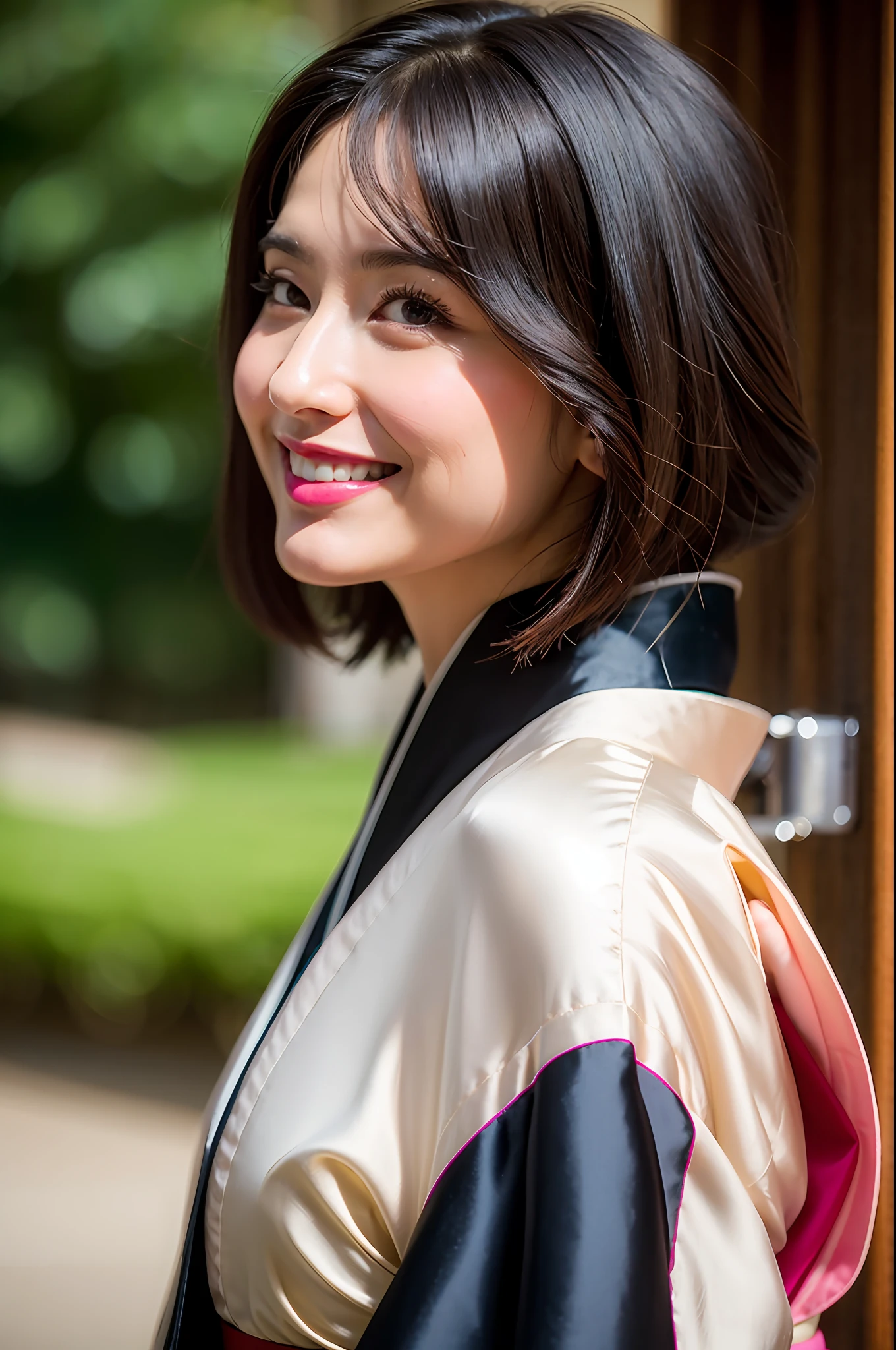 beste-Qualit、Face Focus、softlight、(depth of fields)、Super-High Resolution、(Realistic:1.4)、Raw photography、(portlate:1.4)、(From Side:1.2) 1japanese girl、独奏、(full of shyness、A smile:1.1)、(Brown-eyed)、detailed beautiful faces、(short-hair)、(Silk kimono:1.4)、Pink hair、stage
