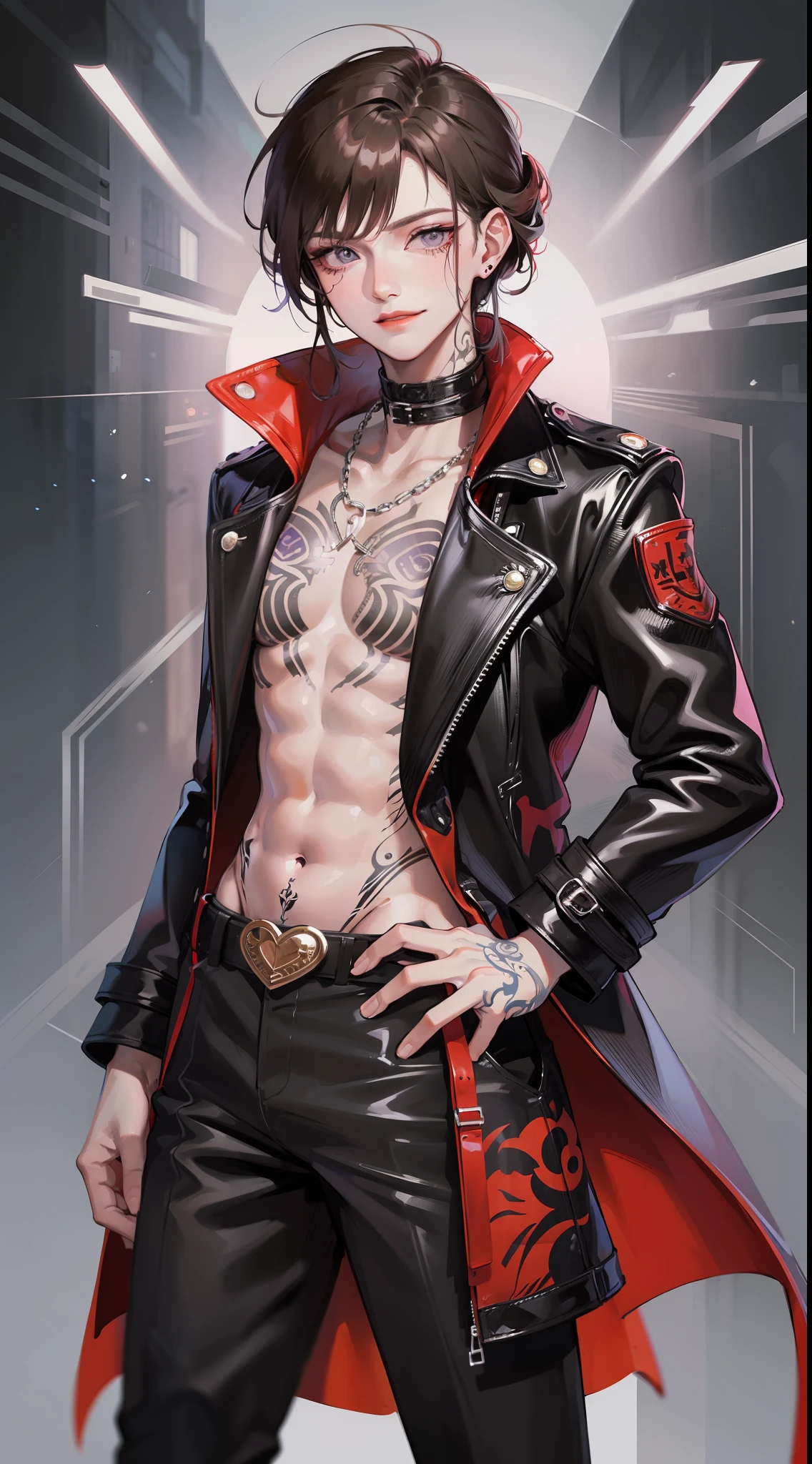 Young guy, Coiling hair, карэ, violet eyes, Ritual tattoos on the body, leather trenchcoat, pants, open torso, smirk, cane, Masterpiece, highly quality