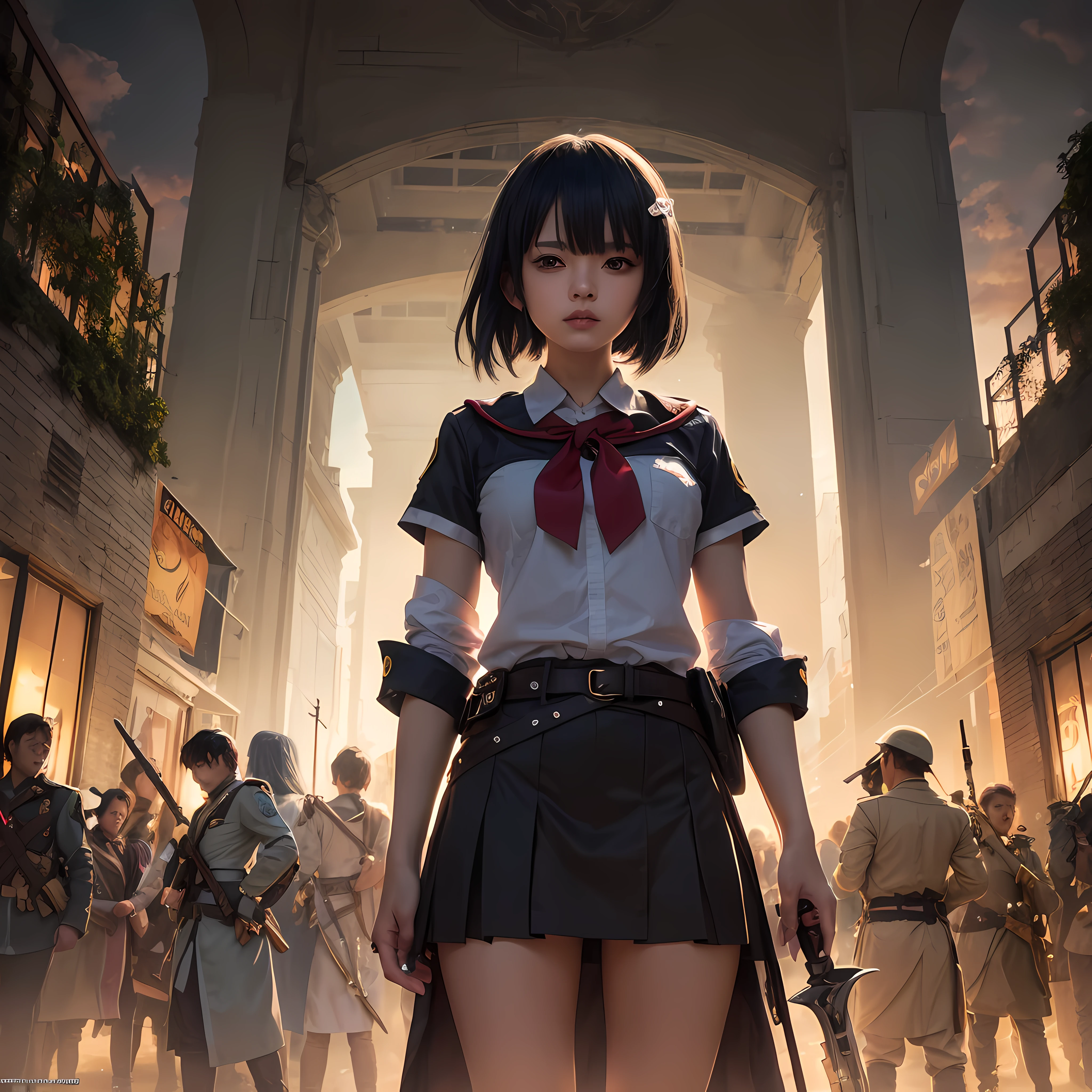 anime girl in uniform standing in front of a group of soldiers, badass anime 8 k, Melhor Anime 4K Konachan Wallpaper, Arte no estilo de Guweiz, epic light novel art cover, arte oficial altamente detalhada, Guweiz em ArtStation Pixiv, Anime Art Wallpaper 8K, Guweiz em Pixiv ArtStation, Meninas da linha de frente cg