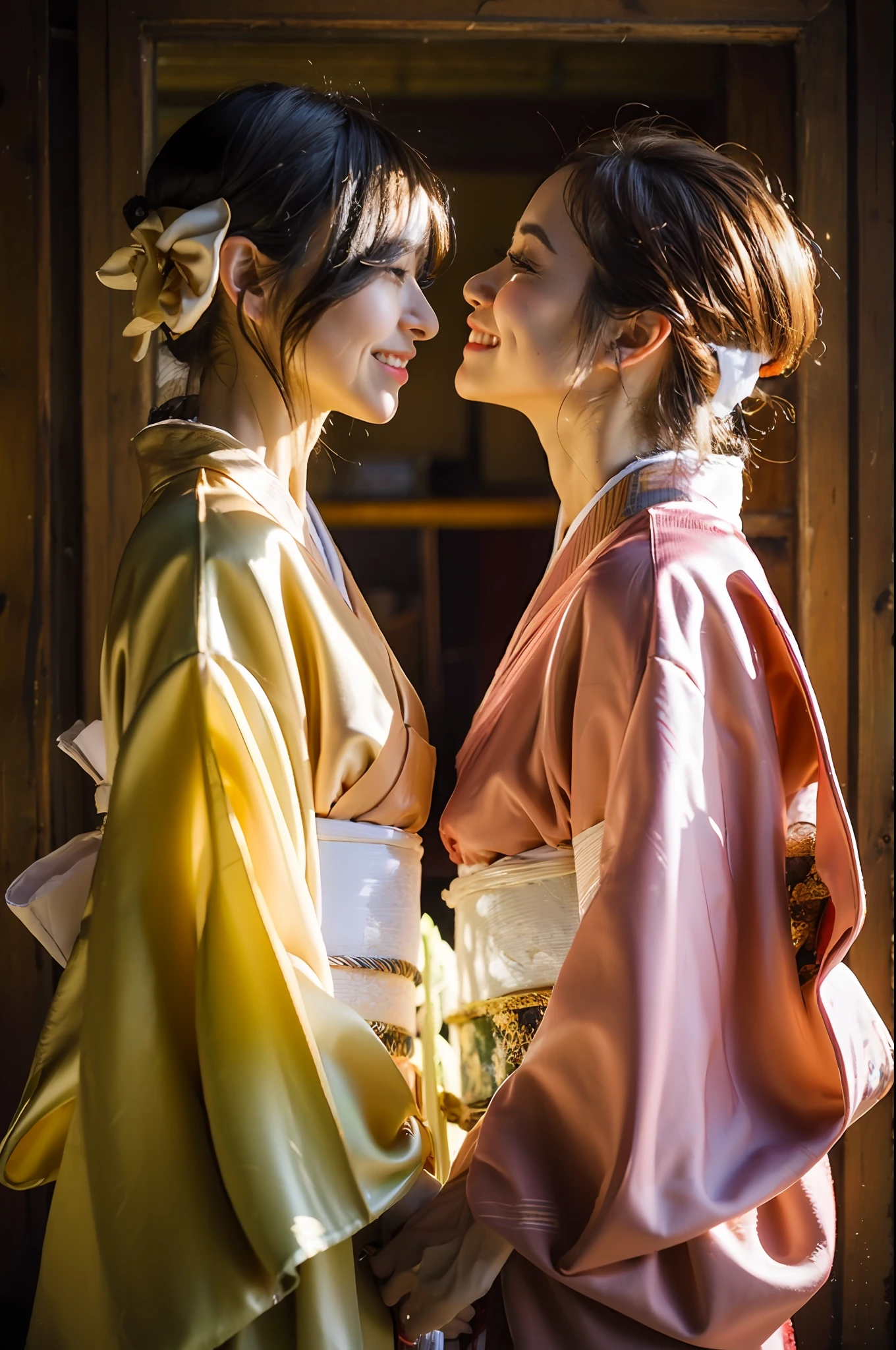 beste-Qualit、Face Focus、softlight、(depth of fields)、Super-High Resolution、(Realistic:1.4)、Raw photography、(portlate:1.4)、(From Side:1.2) 、独奏、(full of shyness、A smile:1.1)、(Brown-eyed)、detailed beautiful faces、(short-hair)、(Silk kimono:1.4)、Pink hair