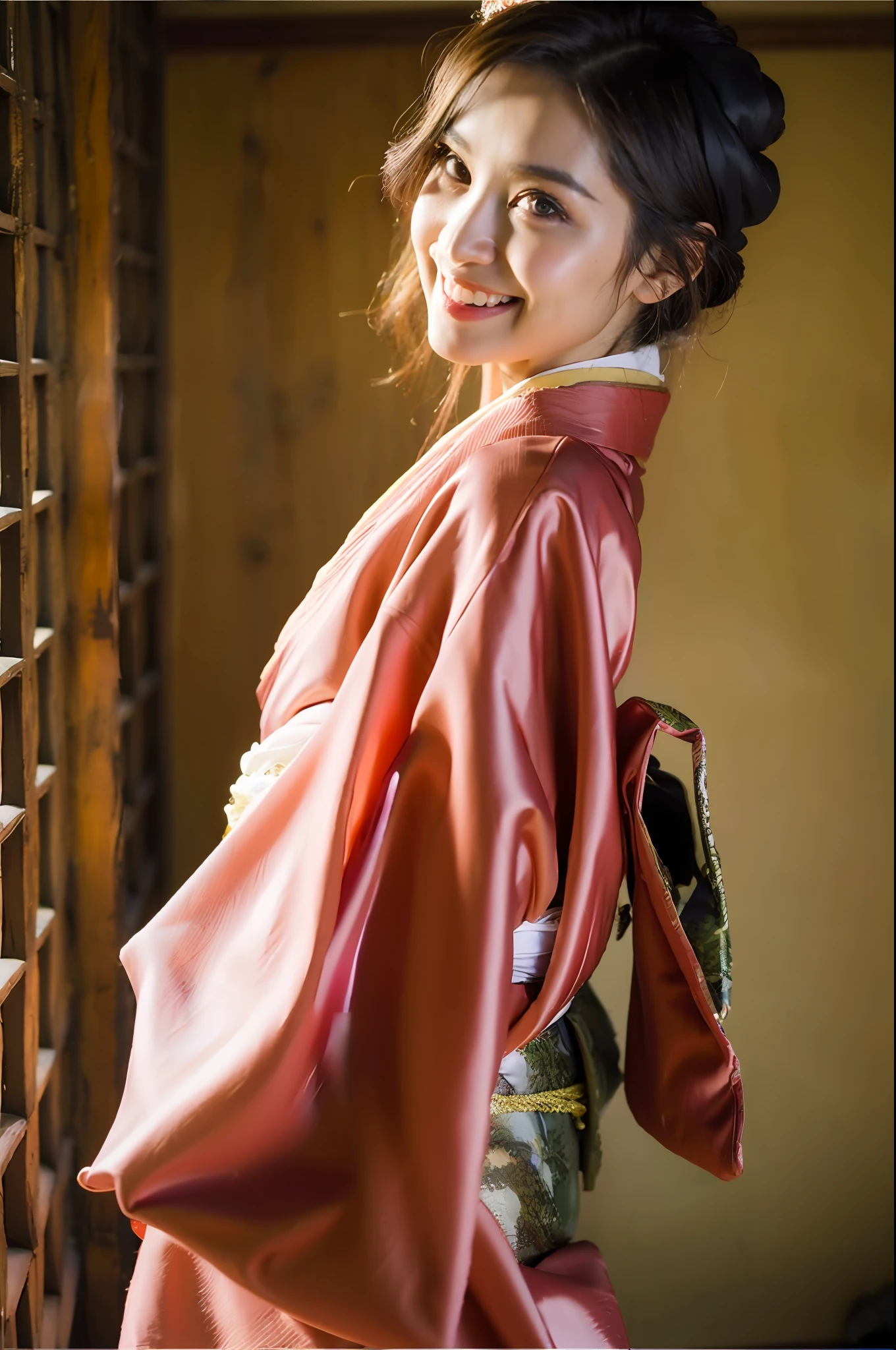 beste-Qualit、Face Focus、softlight、(depth of fields)、Super-High Resolution、(Realistic:1.4)、Raw photography、(portlate:1.4)、(From Side:1.2) 、独奏、(full of shyness、A smile:1.1)、(Brown-eyed)、detailed beautiful faces、(short-hair)、(Silk kimono:1.4)、Pink hair