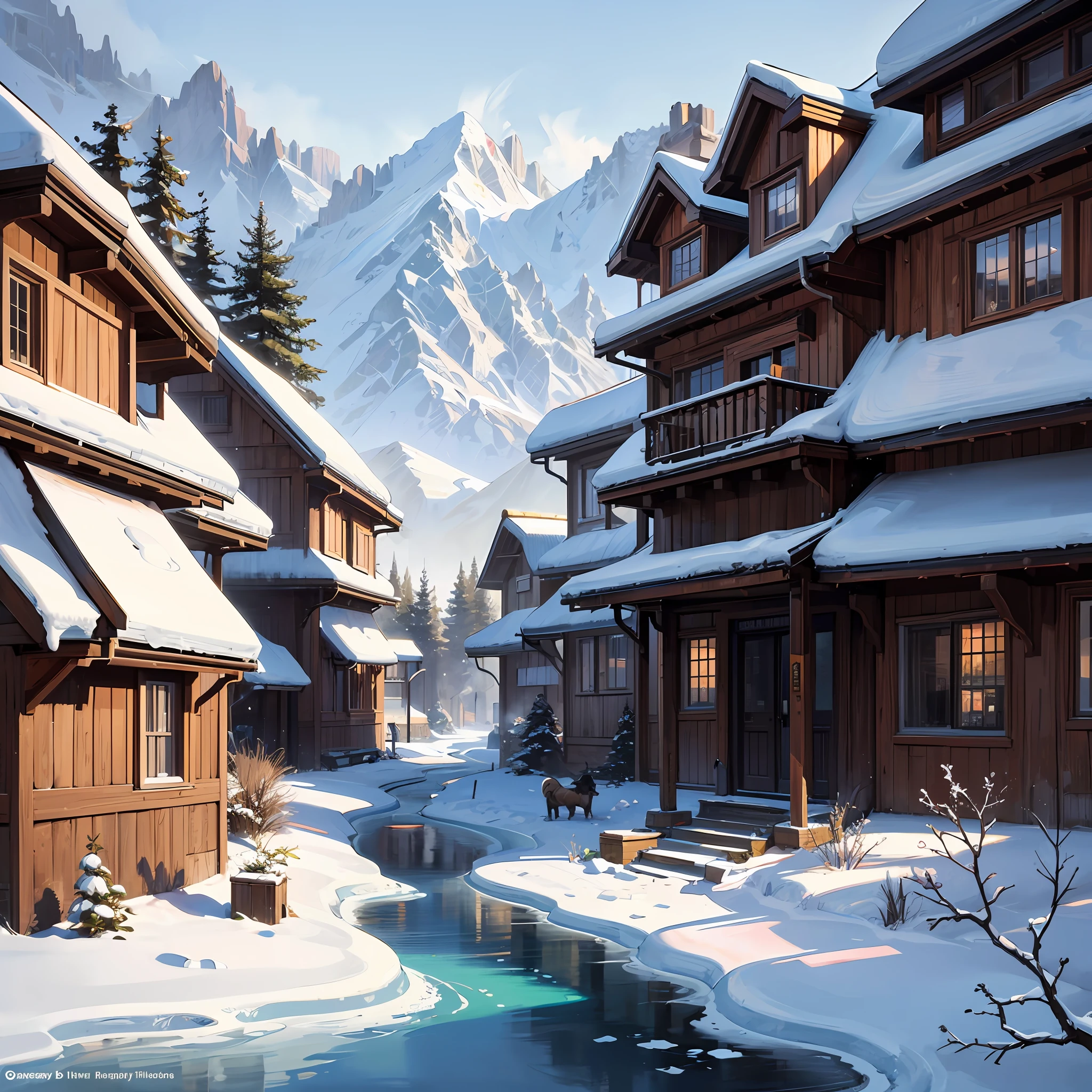 Village in winter, cottage house covered in snow, epic winter landscape with a stream, sparkle, warrior art nouveau, matte painting, bright colors, concept art by Greg Rutkowski --auto