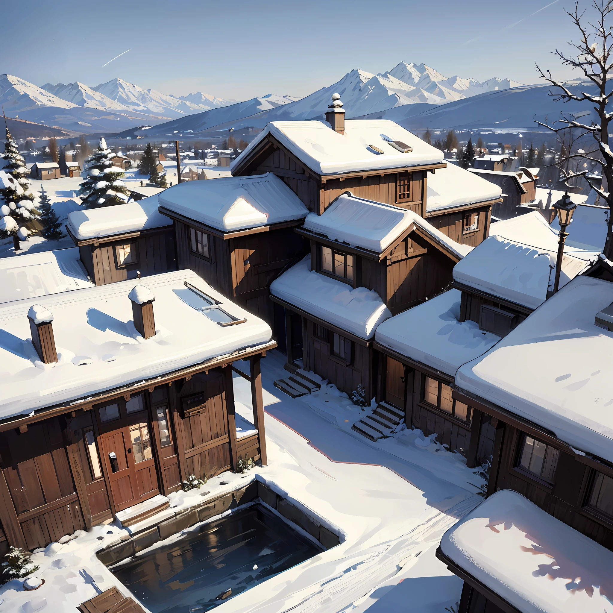Village in winter, cottage house covered in snow, epic winter landscape with a stream, sparkle, warrior art nouveau, matte painting, bright colors, concept art by Greg Rutkowski --auto