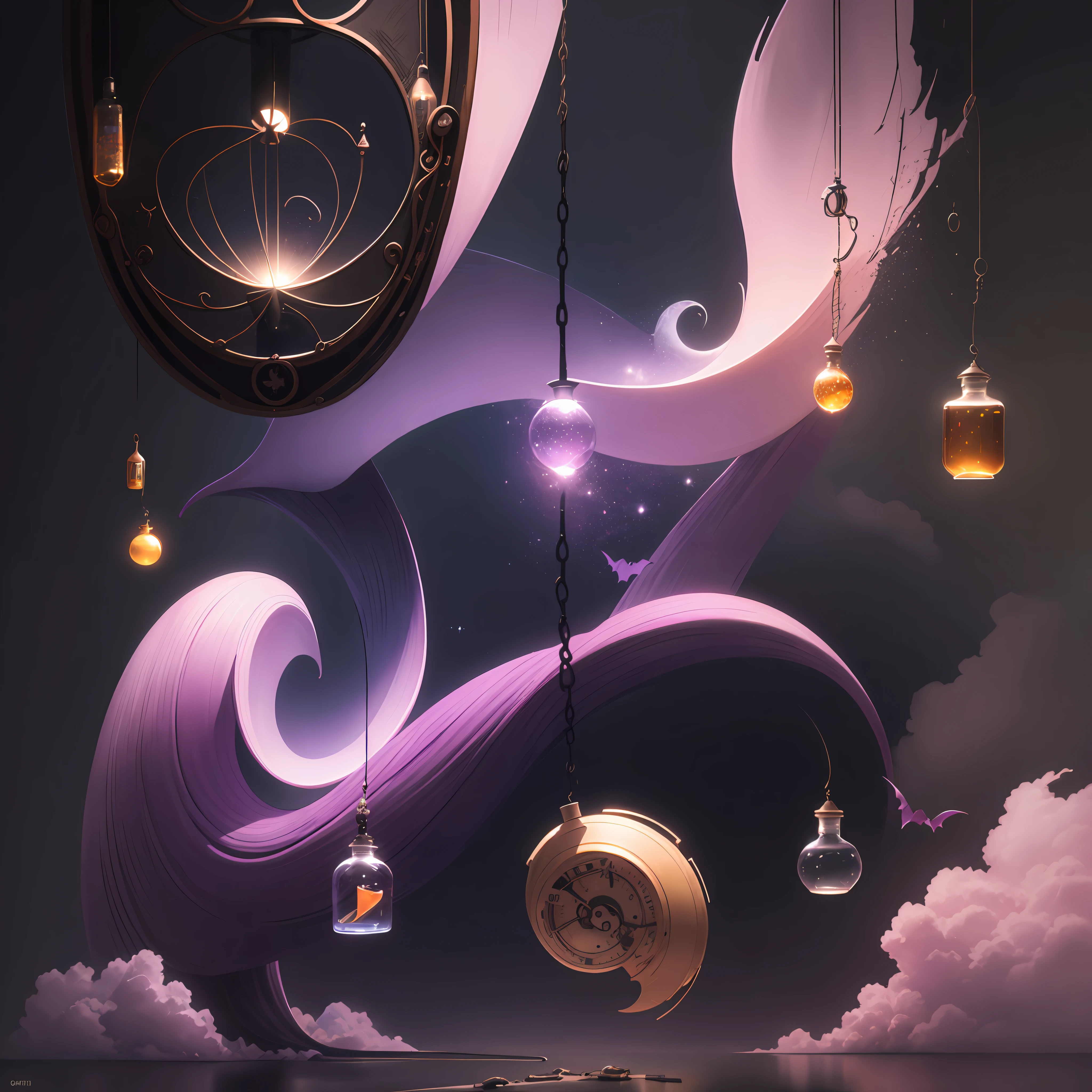 neo-classical, conceptual art, Gothic art, Ray tracing, Sparkle, Ultra-wide angle, kanon, f/4.0, The ultra -The high-definition, 巨作, Best quality, A high resolution, Award-Awarded, 16k,Alchemy,steampunc,Suspended broom,the bats,Suspended vials,dreamy sky,Pinkish-purple clouds,