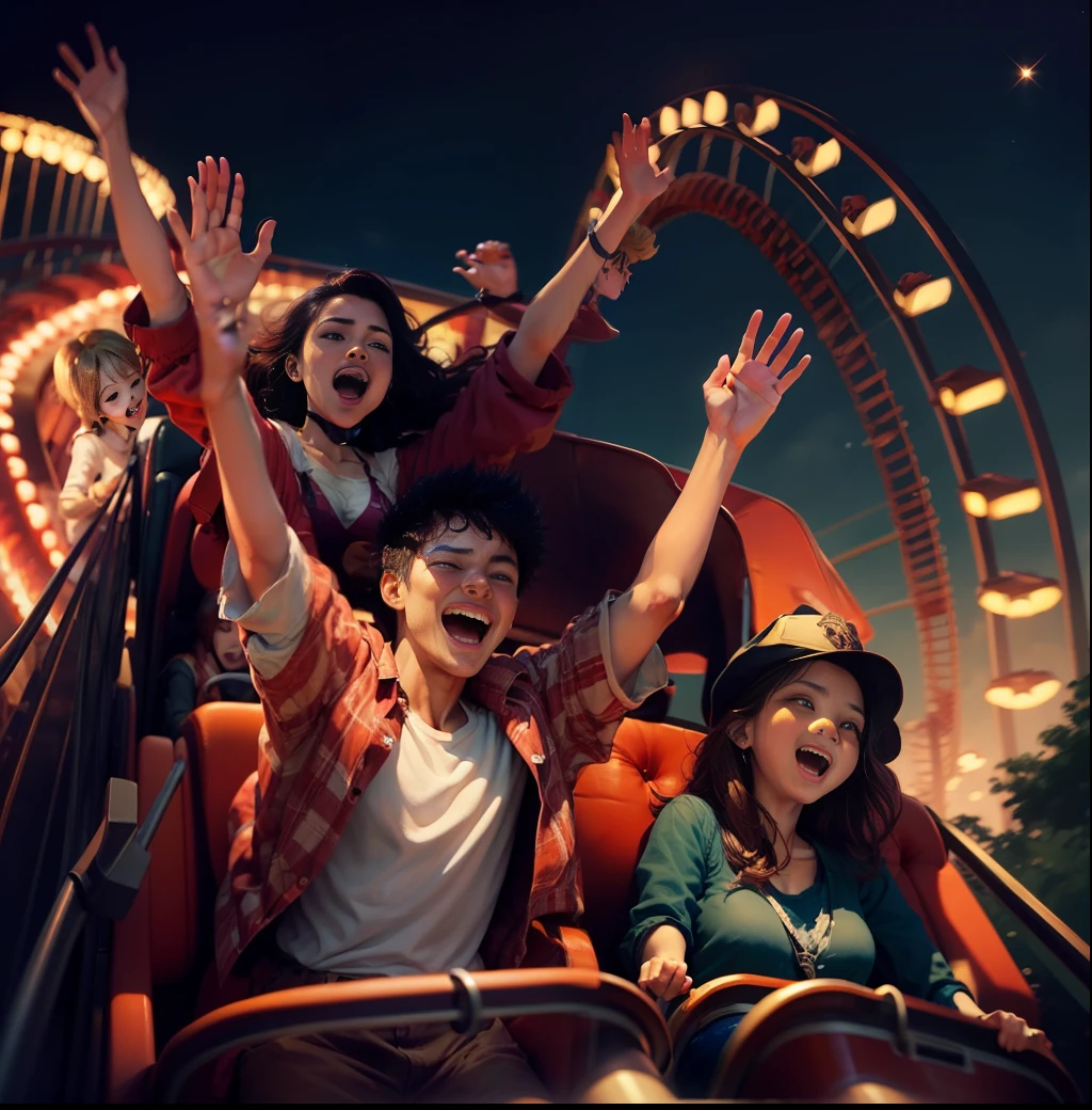 rollercoaster、3 people、1boys、2 girls、animated cartoon、Raising hands、Riding a roller coaster、POP、high quolity --auto