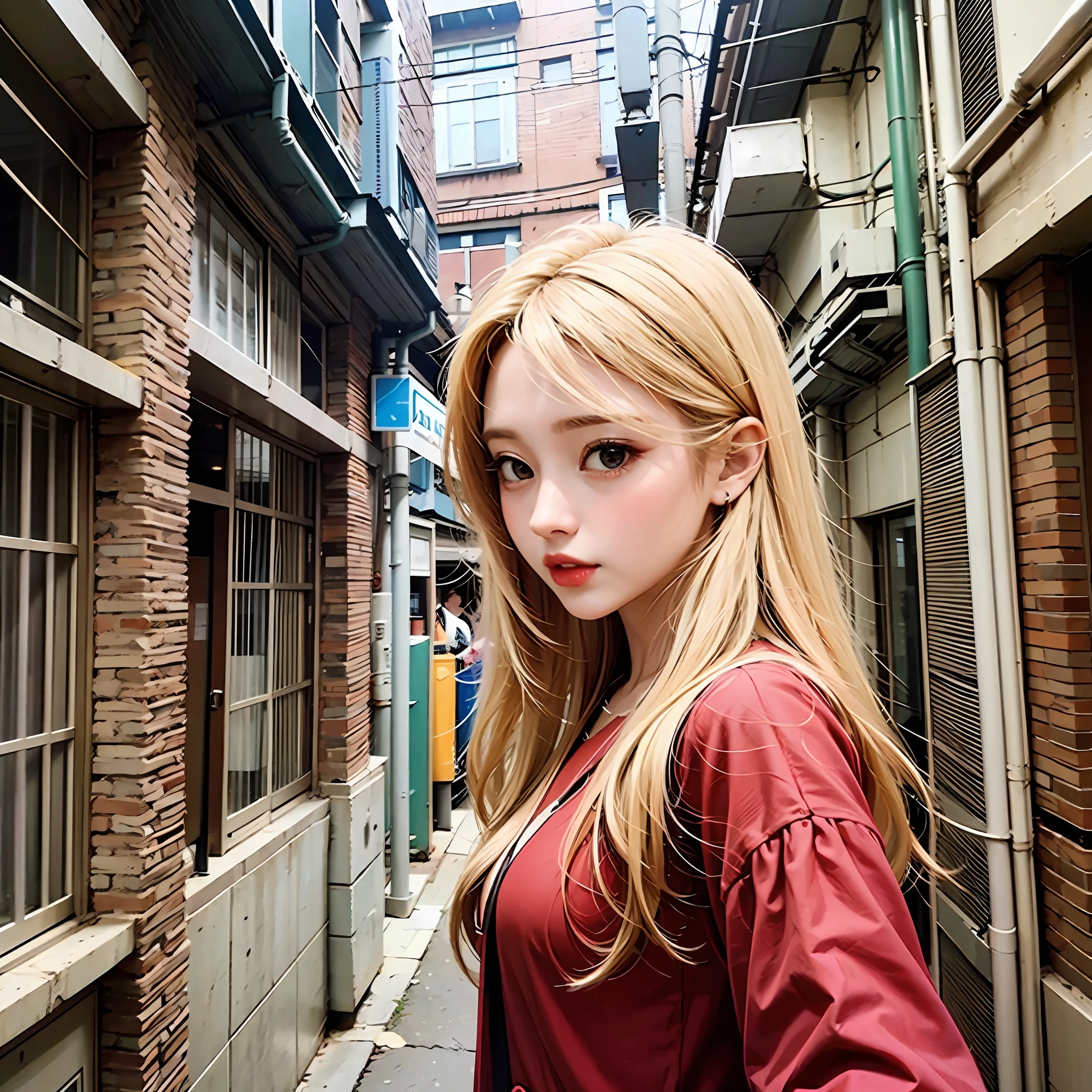 Beautiful blonde girl、Red dress、