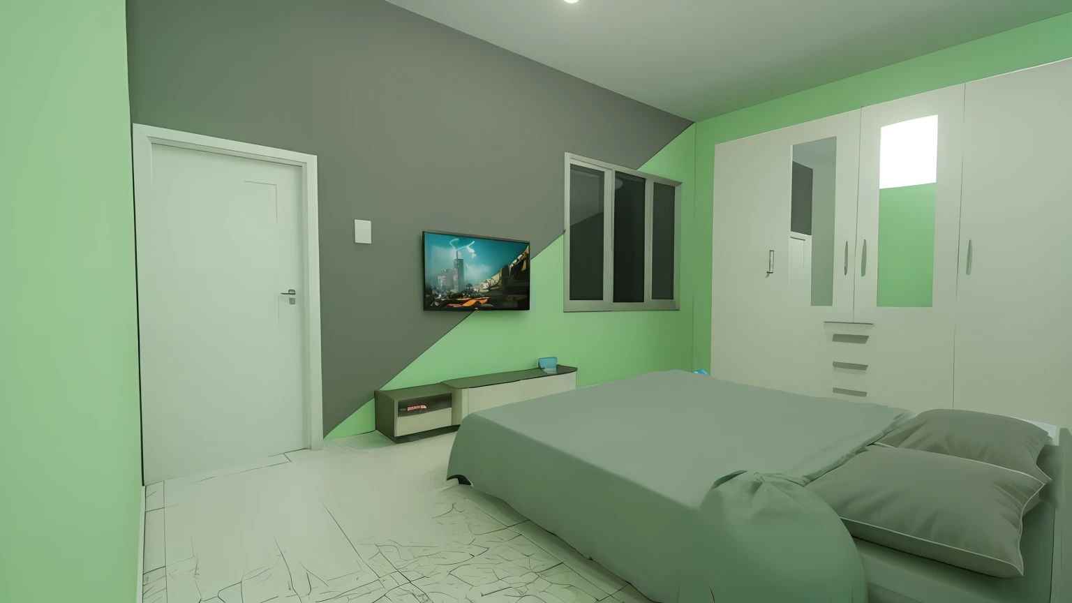 there is a bed in a room with a green wall, vray renderizado, 3d final render, 3 d finalrender, renderizar 3 d, Renderizado em 3 dsmax, interior do quarto, 3 d vray render, Stuning 3 D render, renderizado em vray, 3d final render, 3ds max renderizado, vue 3d render, 3d render irreal