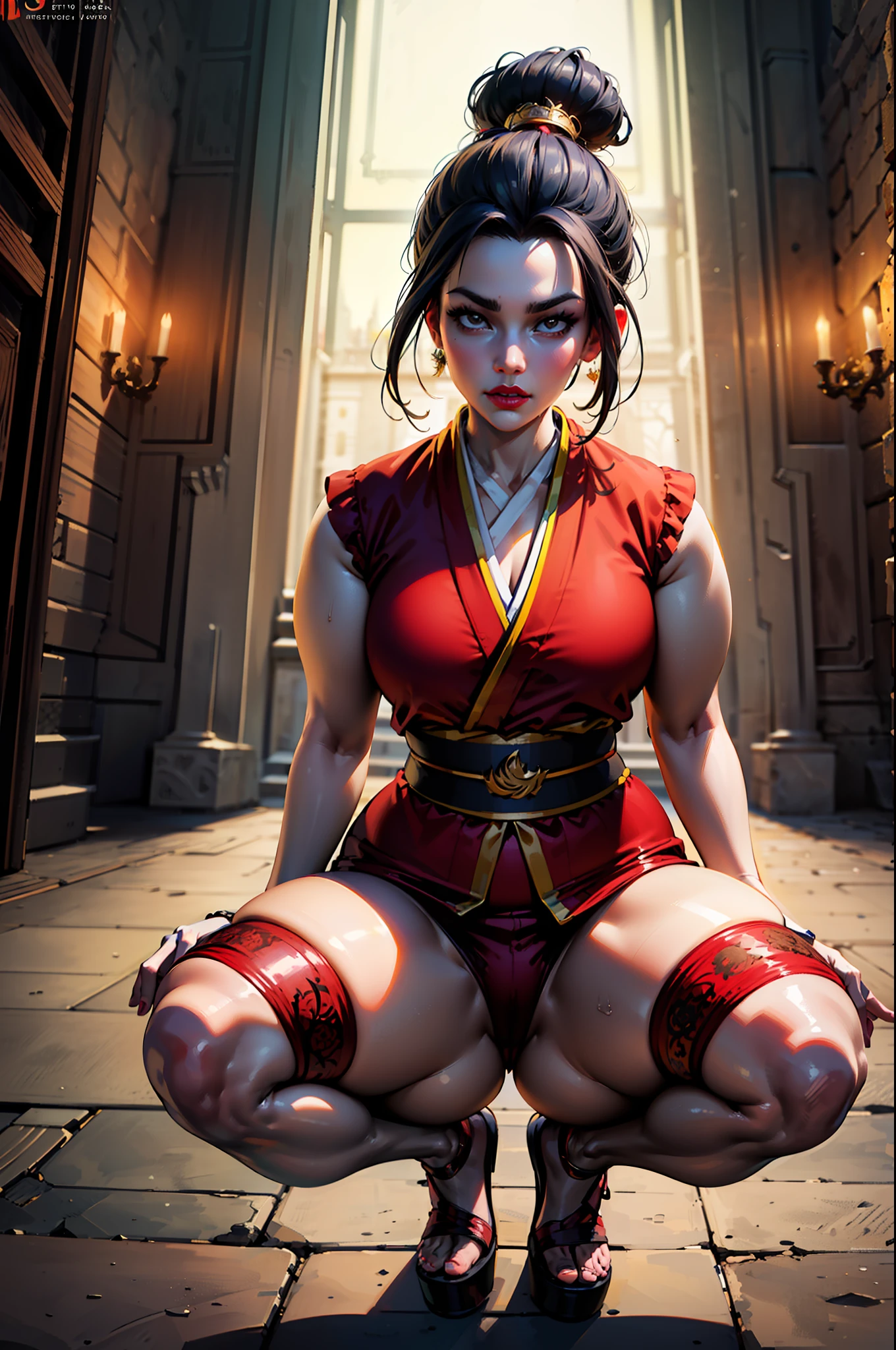 ultra-realistic 8k CG, masterpiece, ((ultra detailed background, fine drawing, intricate details, high detail, better quality fine details, hyper-detailed face)), (photorealistic: 1.4), beautiful lighting, absurdity, RAW photo, film grain, Azula, 1girl, solo, black hair, brown eyes, makeup, lipstick, red lips, single hair bun, navel, side strands, hair decoration, ((medium breasts, slim girl)), (unbuttoned kimono)), squatting, legs spread, ((complex detailed background, inside, dim lighting, moody lighting, inside the castle, inside, medieval castle environment)), erotica, belly tattoo, lust tattoo, (curvy:2)
