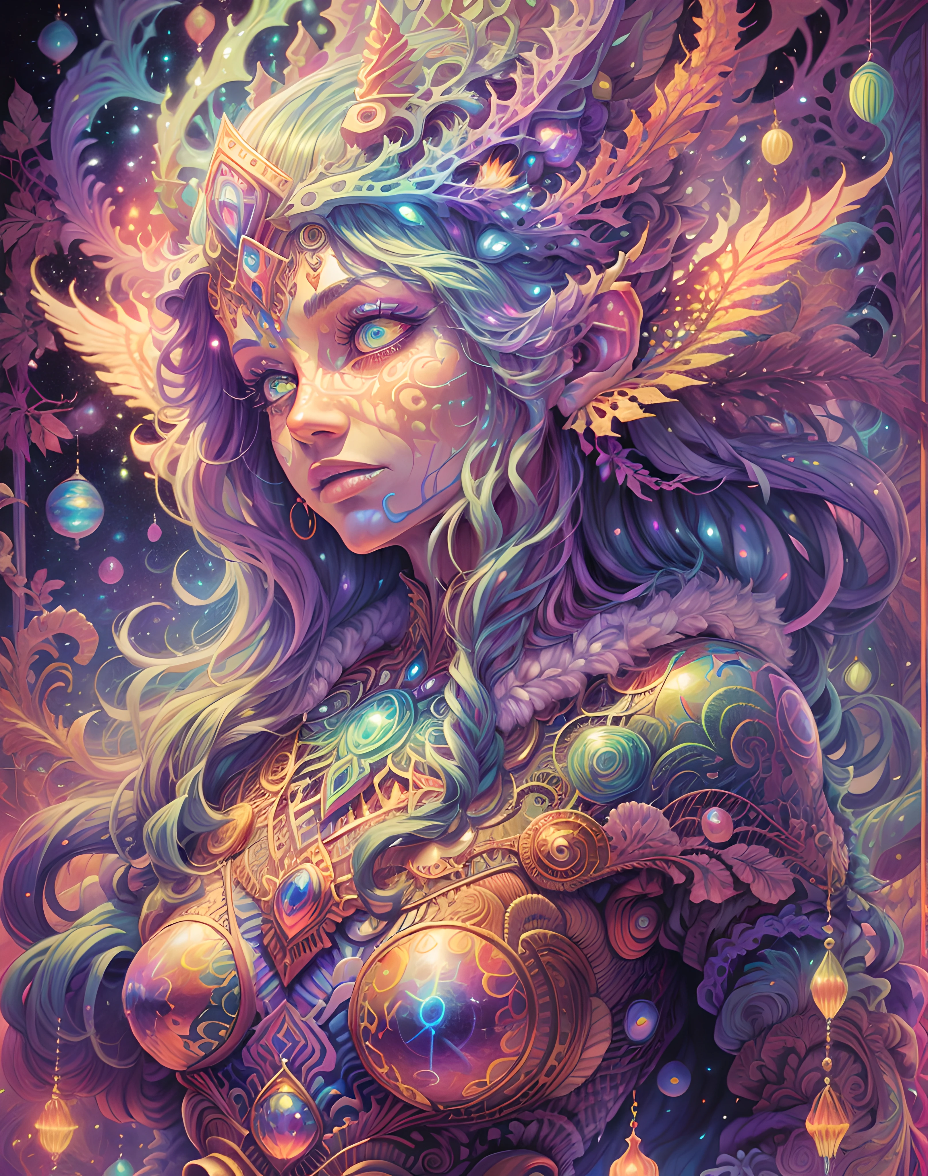 masterpiece, beautiful psychedelic entropy,best surreal masterpiece, top quality, best quality, official art, beautiful and aesthetic:1.2) , green skin godess and god standing on top of a mountain top ,extreme detailed,colorful,highest detailed, official art, gold leaf ,glitter art ,unity 8k wallpaper, ultra detailed, beautiful and aesthetic, beautiful,fractal art, mystical and otherworldly, with intricate fur and piercing eyes, in the breathtaking mountain landscape of NCWinters ,alex grey ,psychedelic, dmt PsyAI