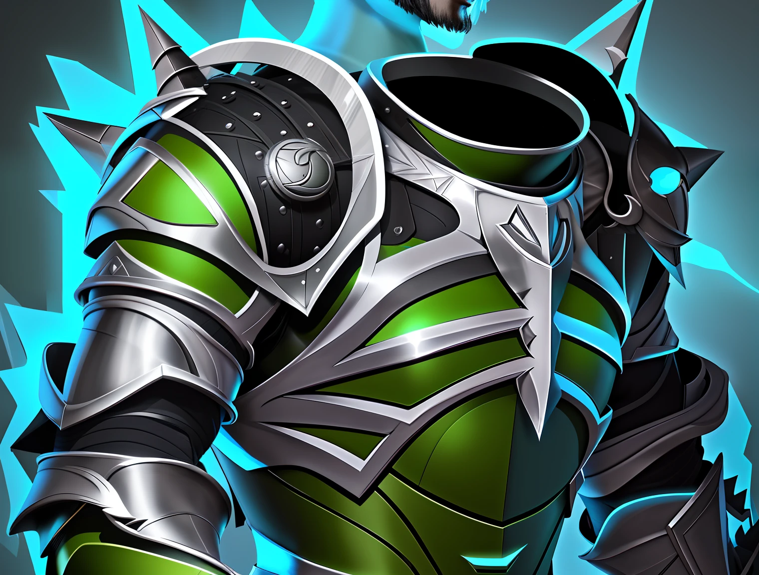 There is a photo of a man in armor,Wear green and black clothes, sleek glowing armor, shinning armor, sleek armor, legendary armor, shinning armor, polished steel armor, epic armor, shiny metal armor, silver sharp streamlined armor, steal armors, steel armor, sliver ice color reflected armor, Detailed fantasy armor, with sleek silver metal armor