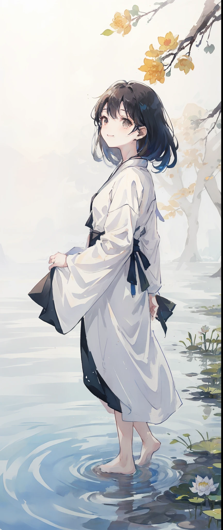 ((4k,masterpiece,best quality)), shuimobysim, traditional chinese ink painting, lotus,  hanfu, maxiskit, dress conservatively
1girl, solo, long blue hair, smile, standing, feet in the water, barefoot,