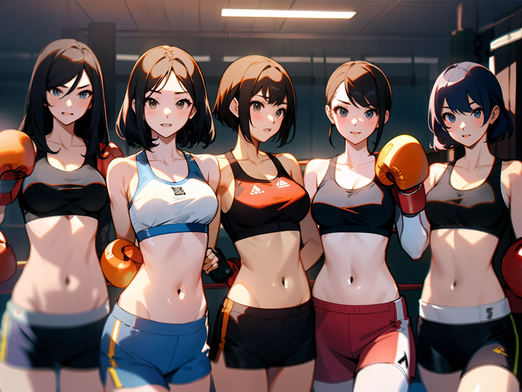 Female Boxers、5 women、Large number of people、((Boxing gloves))、Sports Bra、sport shorts、Appearance々Composition、Multi-ethnic、