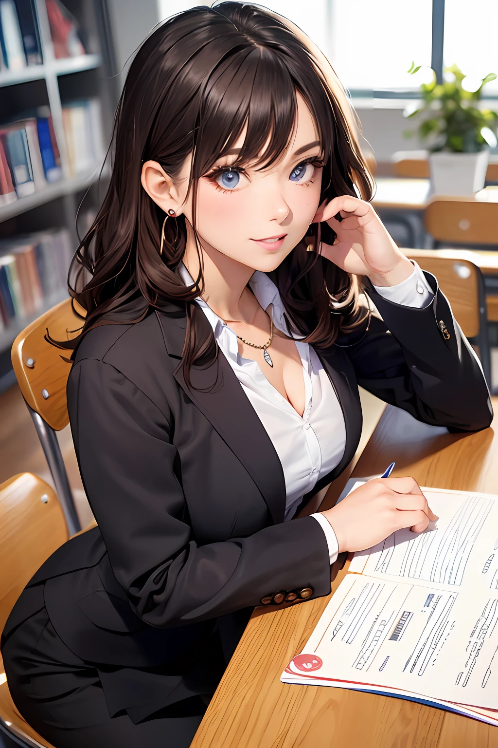 (masutepiece: 1.3), (max resolution: 1.2), (Ultra HDTV: 1.2), cinema lite, Ultra HDTV, (Detailed eyes and skin), (detailed facial features), ultgp, 8K resolution, Sharp Focus: 1.2, Perfect Style, Beautiful Face, accurate, Anatomically correct, Highly detailed face and skin texture, Detailed eyes, Dark-blue eyes, Double eyelids, Thin eyebrows, Glitter Eyeliner: 1.2, Natural cheeks, Glossy skin, Fair skin: 1.2, shiny little necklace and earrings, (Glossy lips: 1.4), break, absurderes, One-person viewpoint, (she is high school Teacher), (Wearing a Button up shirt, formal jackets, pencil skirts, high heels), (Seductive smile: 1.2), (Staring at the viewer), ((a Innocent and cute girl:1.3)), (Layered hairstyle, Wavy Hair), (light brown hair:1.2), Medium Long Hair, (Full body shot: 1.2), Focus on Face, ((Very intimate relationships: 1.2)), large breasts, ((lying on the table:1.2)), ((In school library)), (From directly above:1.2),