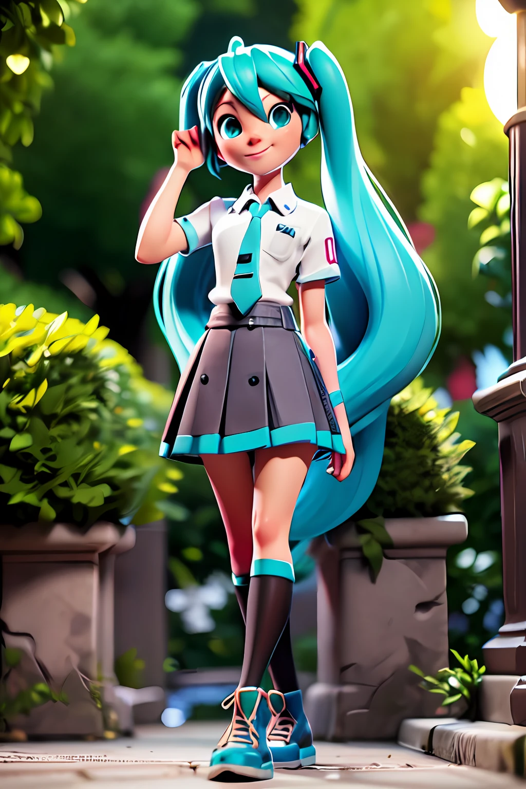 stylized 3d render, hatsune miku, in the park, professional lighting
