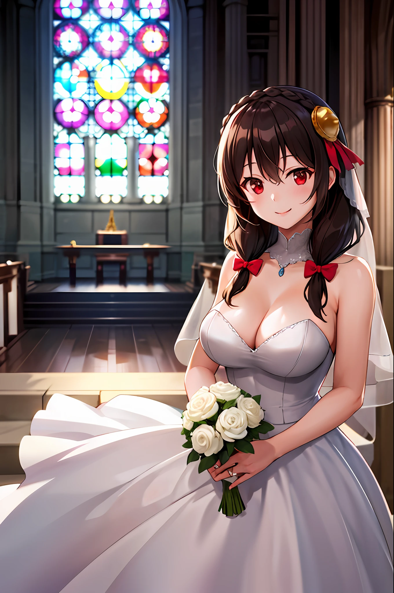 masterpiece,best quality, highres, yunyun1, 1girl, red eyes, solo, braid, long hair, large breasts, hair ornament, black hair, hair bow, crown braid, brown hair, twintails, wedding dress, bridal veil, church, smile,