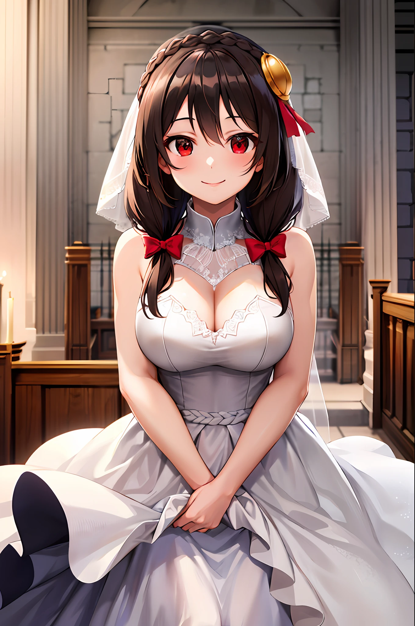 masterpiece,best quality, highres, yunyun1, 1girl, red eyes, solo, braid, long hair, large breasts, hair ornament, black hair, hair bow, crown braid, brown hair, twintails, wedding dress, bridal veil, church, smile,