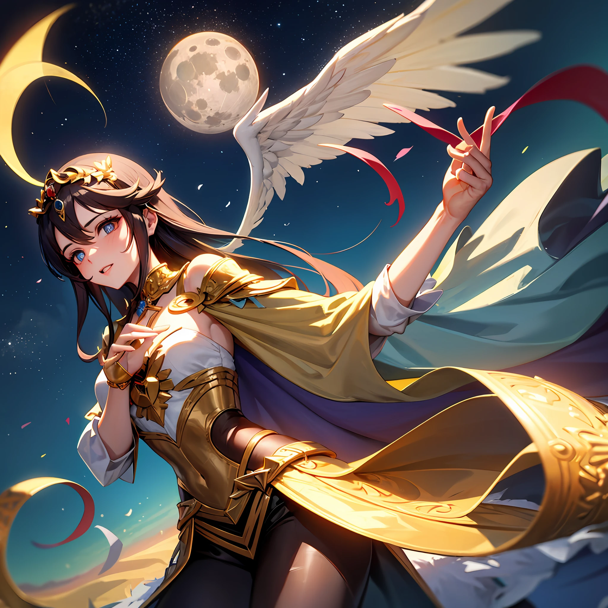 Fada angelical brasileira, olhando pra cima em volta de luz em um domo, circlet,Deus , sky fourth dimension moon