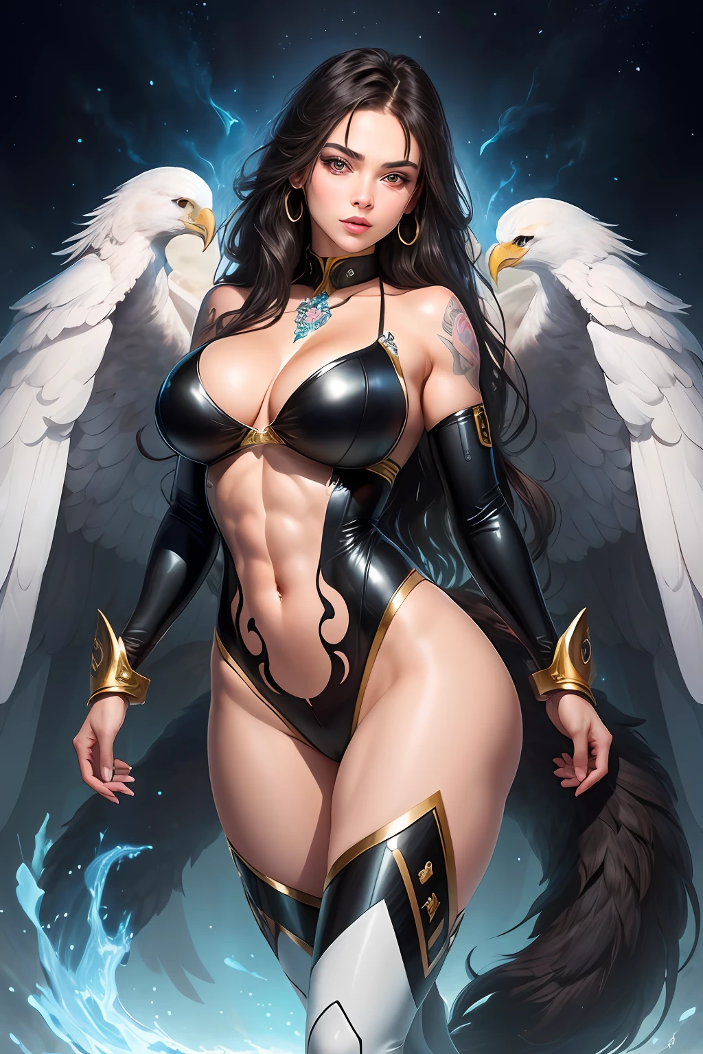 stunningly beautiful Alina Kabaeva face whit Lisa Ann body in her 20 as a pure white and very cute Eagle beast woman, black rubber suit, tattoos,White long wavy hair, sparkling gold big eyes, abs, great proportions, full body shot, background kaleidoscope, anime, illustration, fantasy, portrait, animification, high resolution, best quality, very high image quality, ultra detailed, hyper realistic, photorealistic