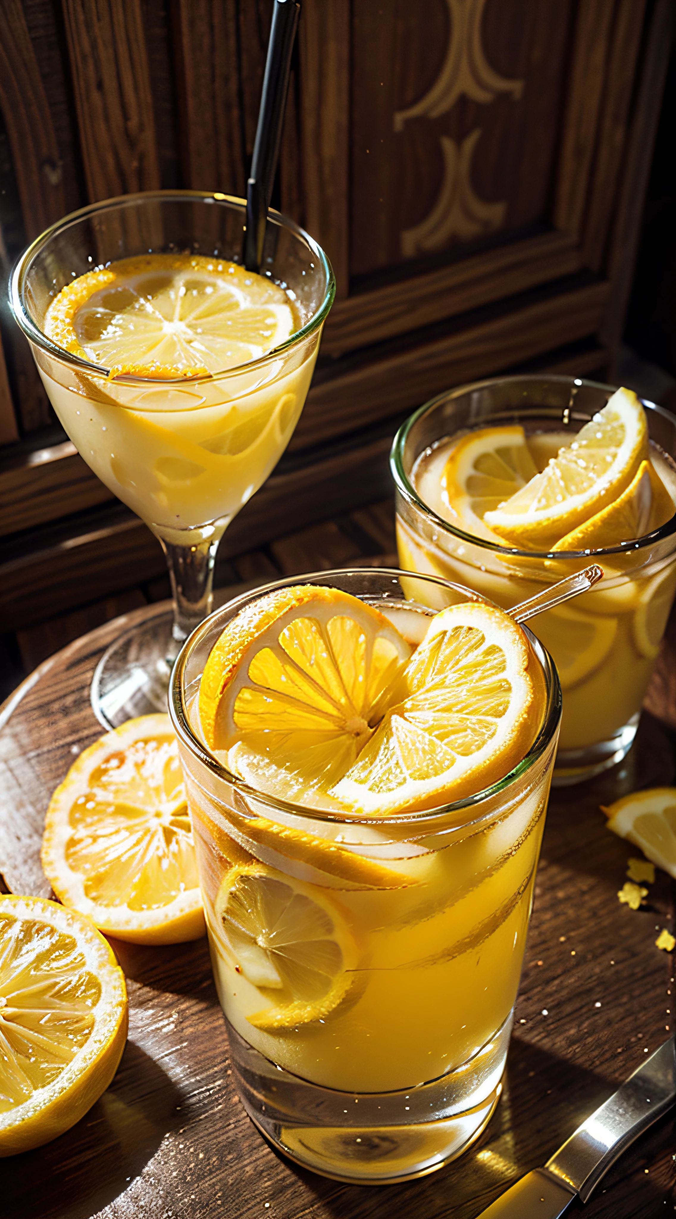 Floating lemon slices，A large glass of lemon juice on the table