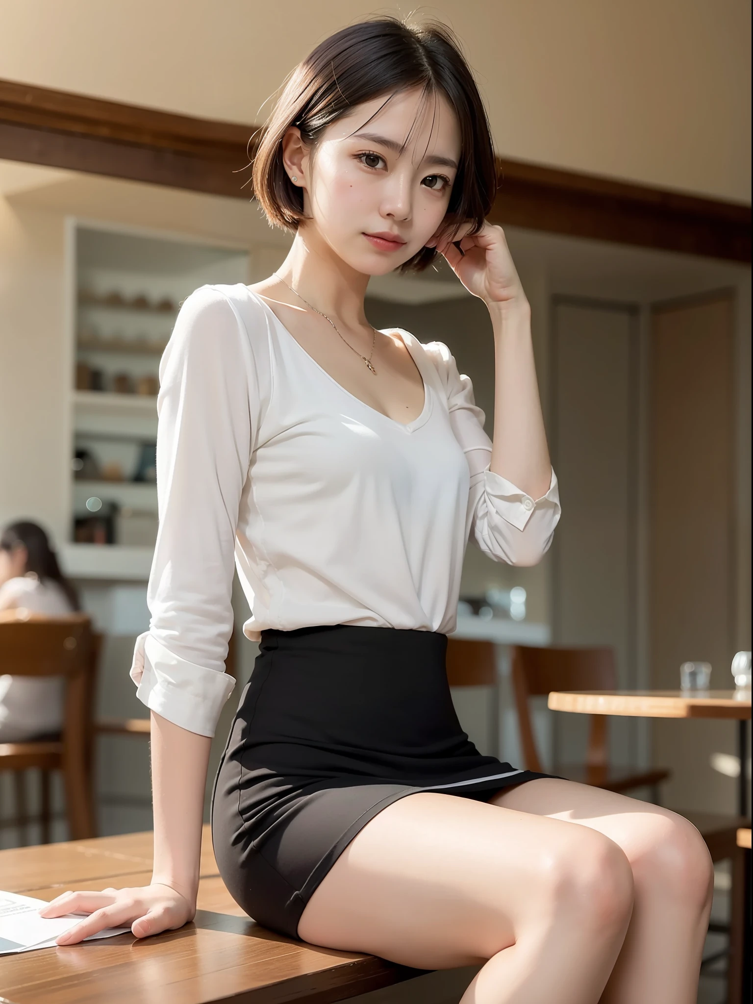 ((top quality, 8k, masterpiece: 1.3, raw photo)), Sharp Focus: 1.2, (1 aespa girl: 1.2), (Realistic, Photorealistic: 1.37), (face focus: 1.1), cute face, small breasts, flat chest, short hair, (white camisole: 1.1), business skirt, sitting, cafe, hand on cheek, from below, sunlight, movie lighting,