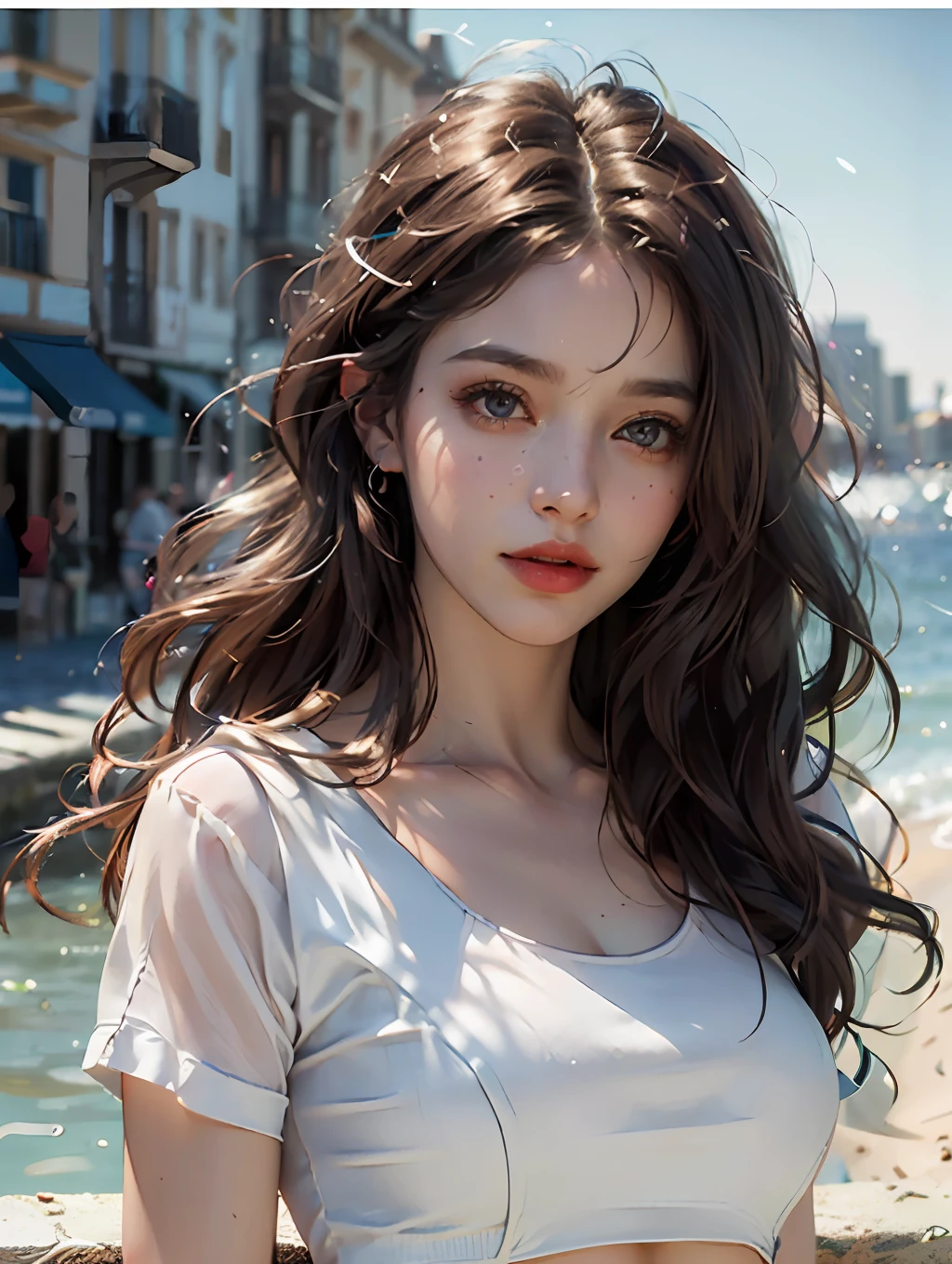 ((Realistic lighting, Best quality, 8K, Masterpiece:1.3)), Focus:1.2, 1girl, Perfect Figure:1.4, Slim Abs:1.1, ((Dark Brown Hair)), (White Crop Top: 1.4), (Outdoor, Seaside: 1.1), City Street, Super Fine Face, Fine Eyes, Double Eyelids,