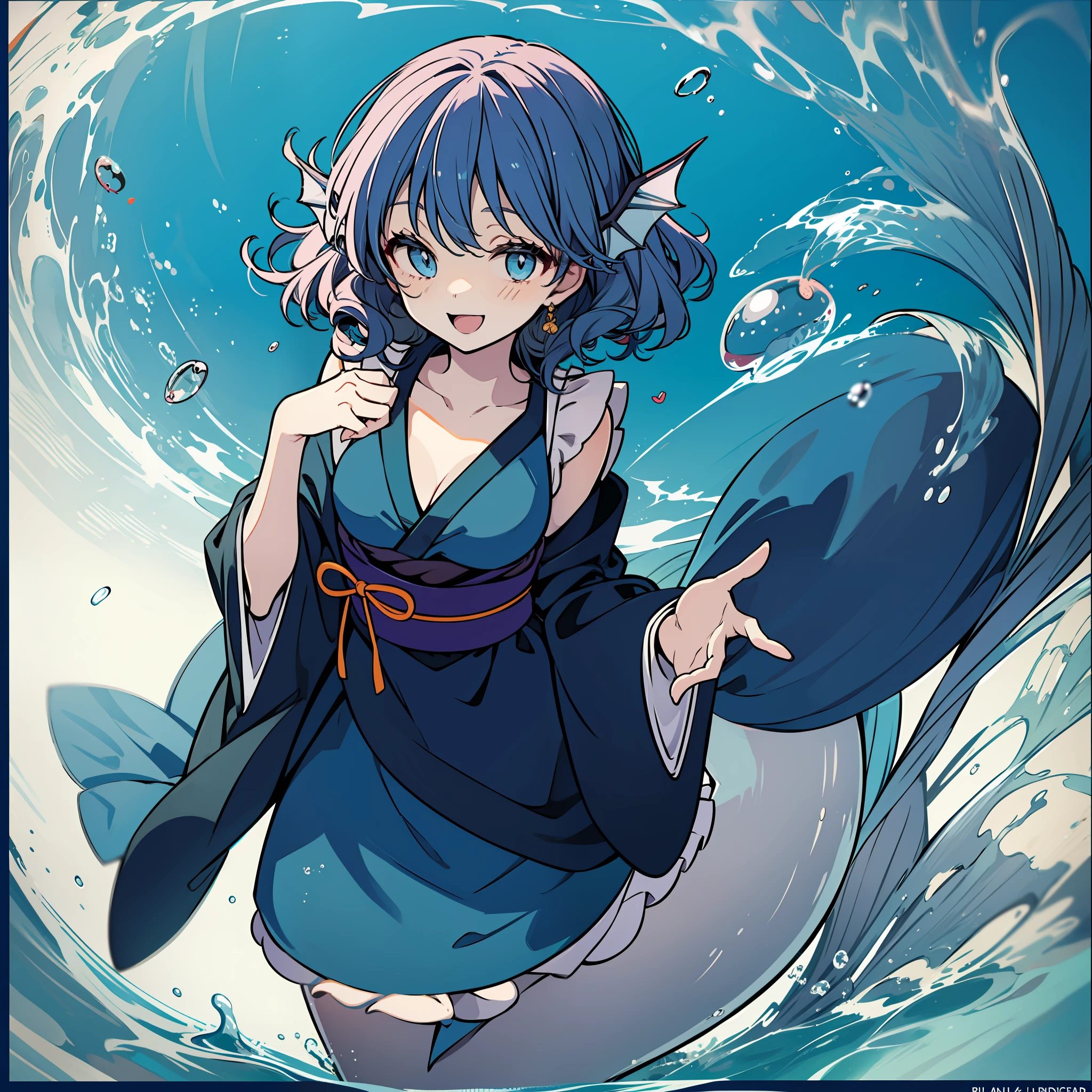 an anime character that is dressed up as a mermaid is talking, 1girl in, mermaid, wakasagihime, Monster Girl, Solo, Kimono, Blue eyes, Komono, Blue hair, Green kimono, head fins, Different costumes、swim wears、bikinis、👙under the water, Open mouth, sash, Smile, Wide sleeves, Short hair, bubble, frilld, Long sleeves