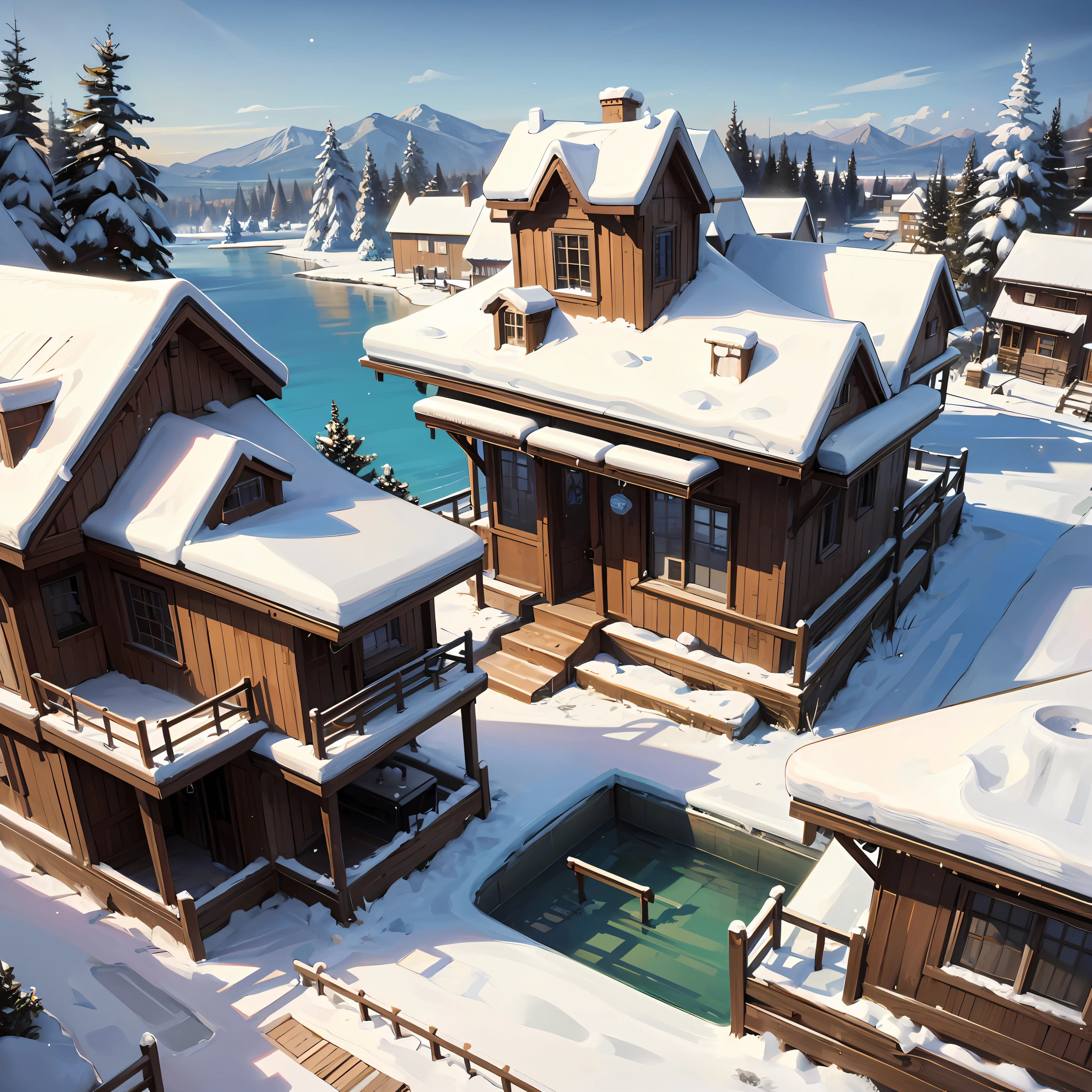 Village in winter, cottage house covered in snow, epic winter landscape with a stream, sparkle, warrior art nouveau, matte painting, bright colors, concept art by Greg Rutkowski --auto