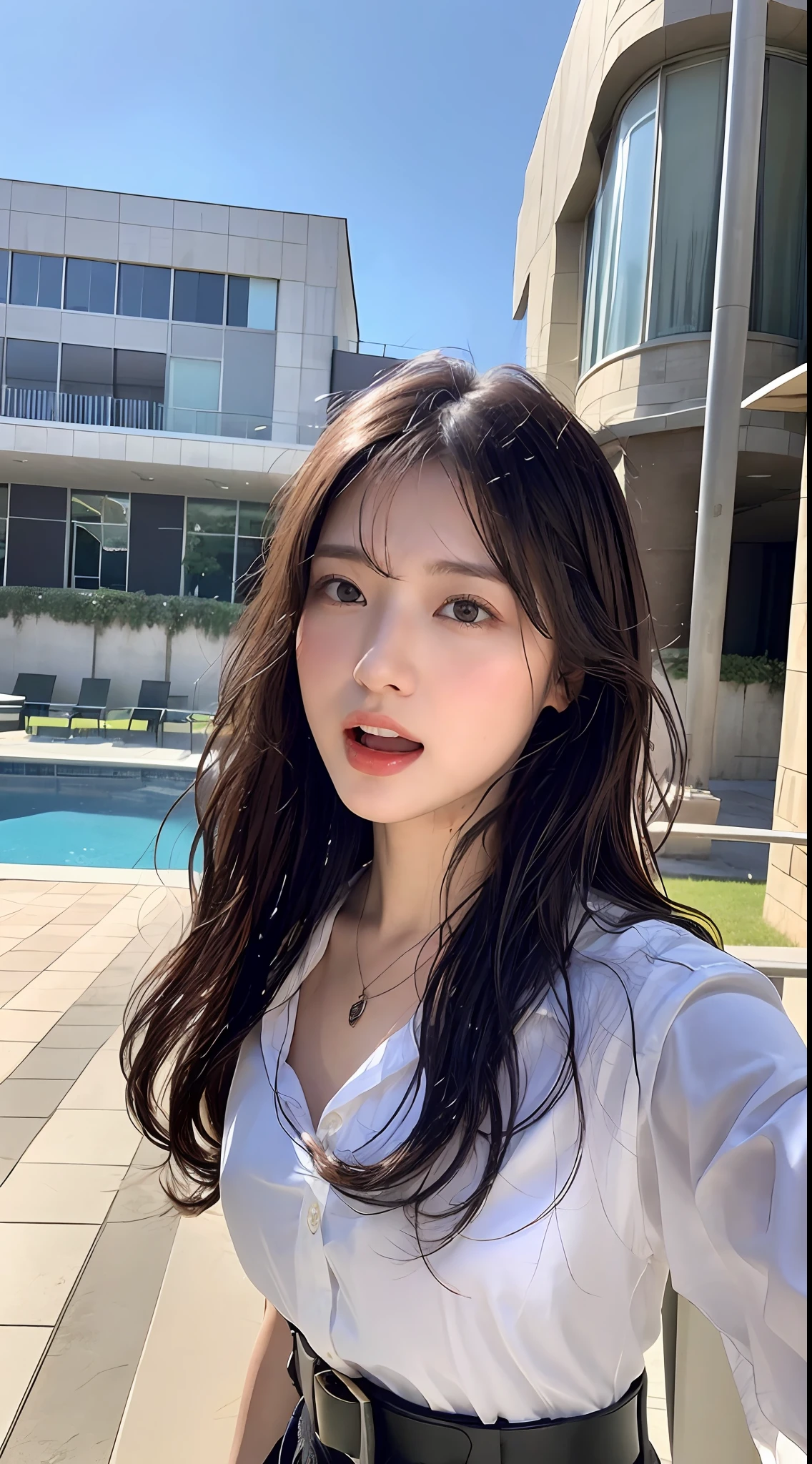 (最好质量、Hi-Def、A masterpice:1.3)、Tall and cute woman、Slender abs、Dark brown hair styled in loose waves、Beautiful beauties、30-year-old、Officelady、smalll breasts、heavy rainy、The whole body is wet、((The shirt gets wet and the underwear shows through))、Blush with embarrassment、Open your mouth、Wearing a pendant、White button-up shirt、a belt、Black skirt、Office Suits、(Modern architecture in background)、Details exquisitely rendered in the face and skin texture、detailed eye、双眼皮