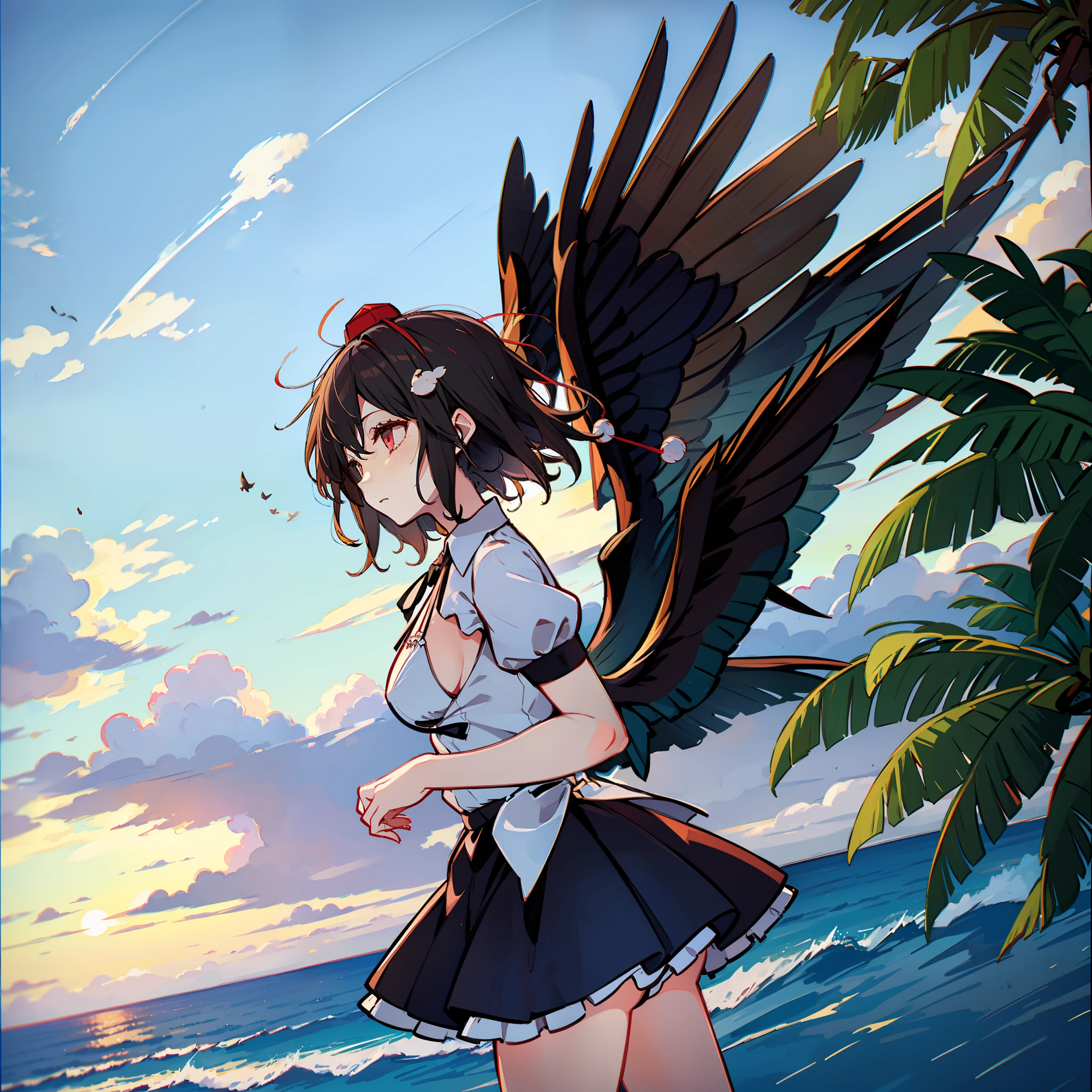 Front Angle, Cowboy Shot, masutepiece, Fine detail, 4K, 8K, 12K, Solo, One person, Beautiful girl, caucasian female, Touhou Project Seimei Marubun, different costume, 👙 , swimsuit, beach, Sunset