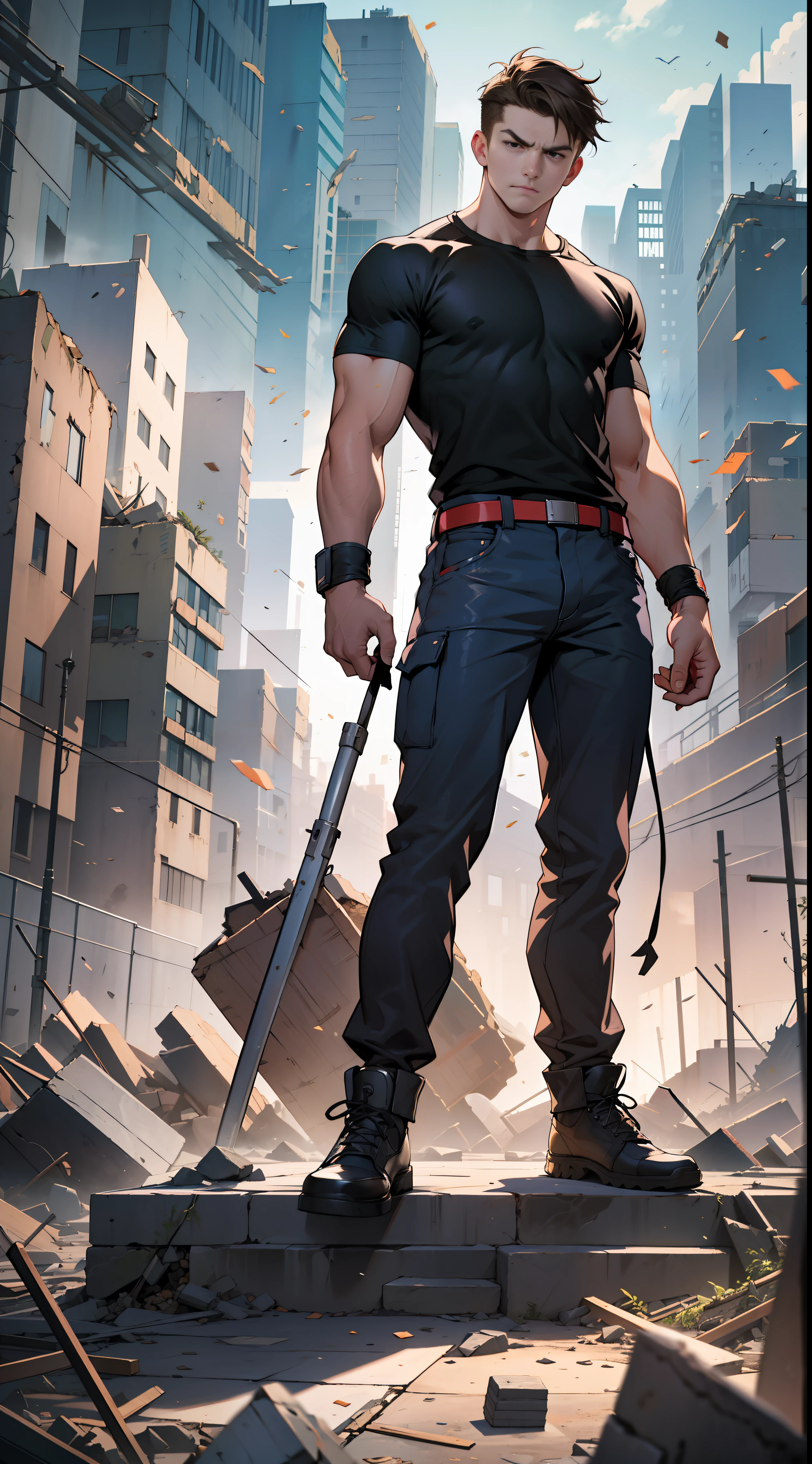 32K ultra-clear meticulous work,Brunette man wearing a black T-shirt,Stand and posture straight,Reveal a posture of preparation for fighting,The ground was crumbled by his power,Rubble is flying。