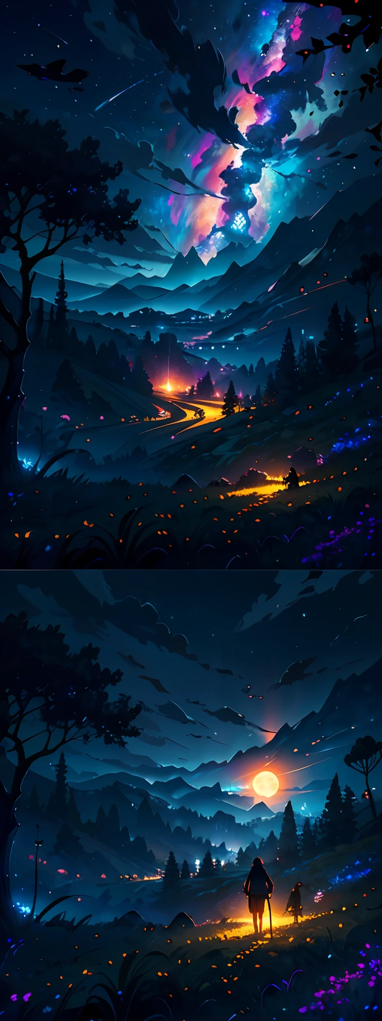 expansive landscape photograph , (a view from below that shows sky above and open field below), a girl standing on flower field looking up, (full moon:1.2), ( shooting stars:0.9), (nebula:1.3), distant mountain, tree BREAK
production art, (warm light source:1.2), (Firefly:1.2), lamp, lot of purple and orange, intricate details, volumetric lighting BREAK
(masterpiece:1.2), (best quality), 4k, ultra-detailed, (dynamic composition:1.4), highly detailed, colorful details,( iridescent colors:1.2), (glowing lighting, atmospheric lighting), dreamy, magical, (solo:1.2)