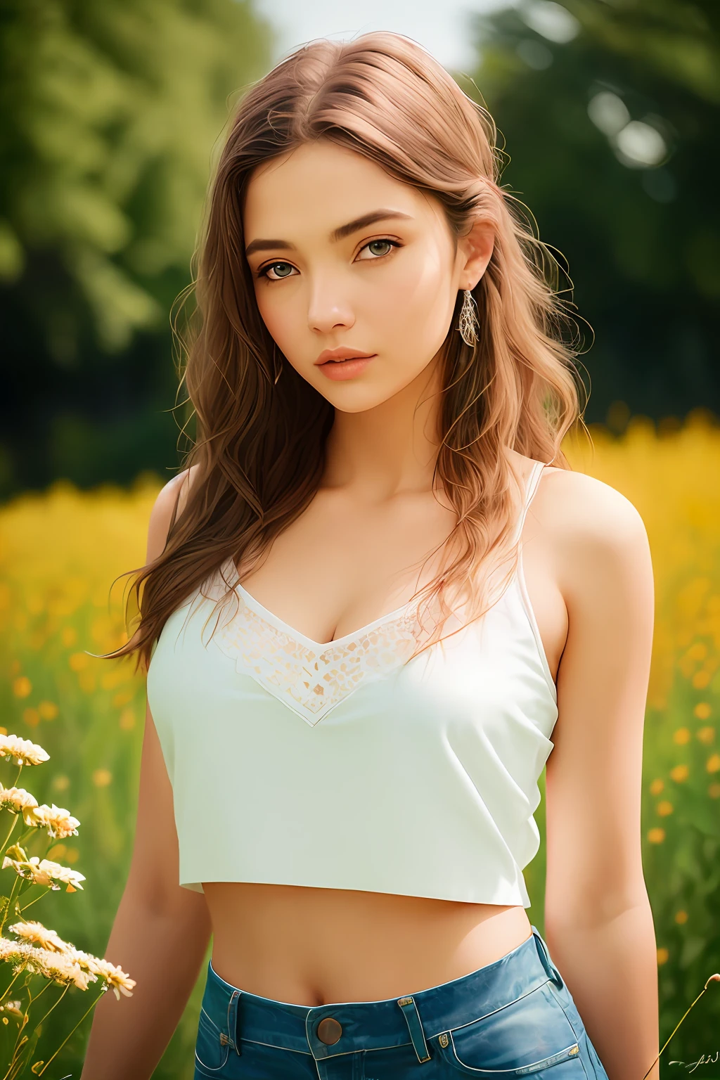(A bright shot:1.4), 80mm, 22 yo woman, beautifull detailed face, Average Breasts, flower meadow around soft light, Sharp, exposure blend, medium plan, bokeh, (HDR:1.4), High contrast, (Cinematic, teal and orange:0.85), (Muted colors, Vivid colors of, Soothing tones:1.3), high saturation, (hyper-detailing:1.2), (Noir:0.4), (intricate details:1.12), HDR, (intricate details, hyper-detailing:1.15), (natural skin textures, hyper-realism, soft light, Sharp:1.2)