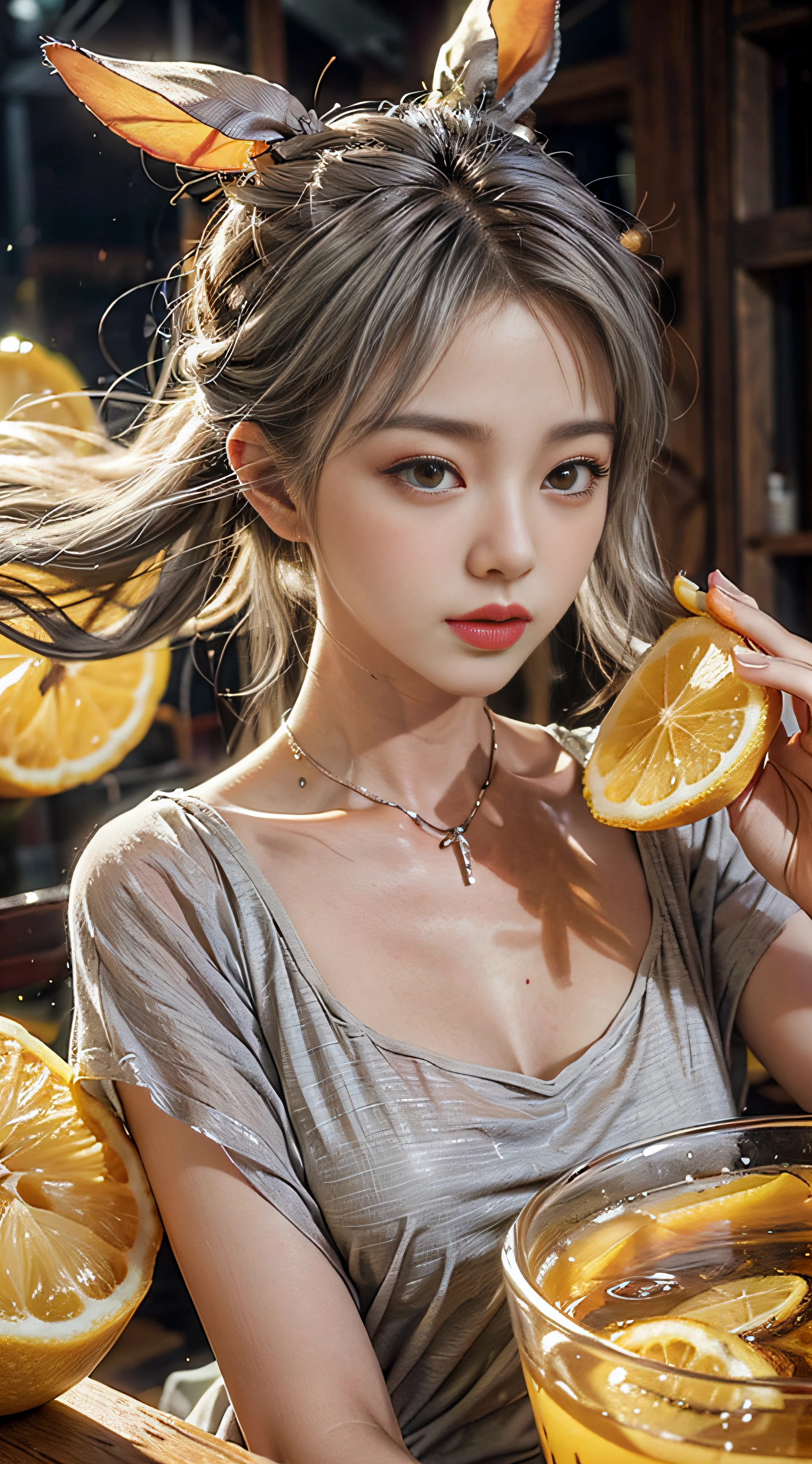 Gray hair,Ethereal atmosphere,,Floating lemon slices,A large glass of lemon juice on the table