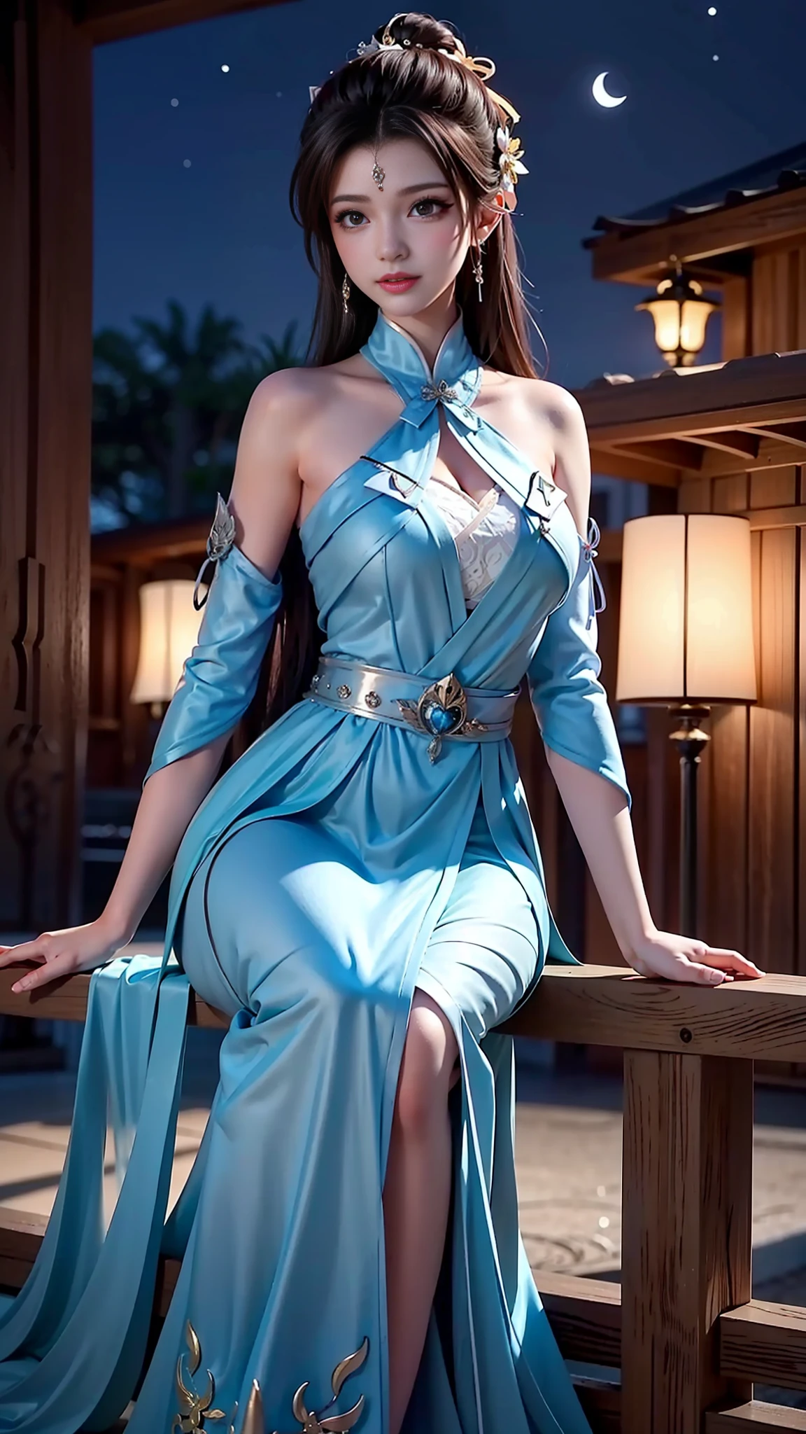The art depicts a charming woman dressed in a flowing, silky traditional oriental dress in watery colors, decorated with intricate patterns and bright colors. Her dress drapes elegantly over her curvy figure, accentuating her seductive silhouette. She stood gracefully in the quiet moonlit night, bathed in the soft glow of the moonlight. The scene exudes an ethereal and dreamy atmosphere, with a touch of mystery and sexiness. The graphic style blends watercolor and digital illustration techniques to evoke a refined beauty and charm. The lights are filled with soft moonlight, casting soft highlights and shadows on her charming features. Bare thighs, big breasts, three-dimensional facial features, sitting, upturned legs