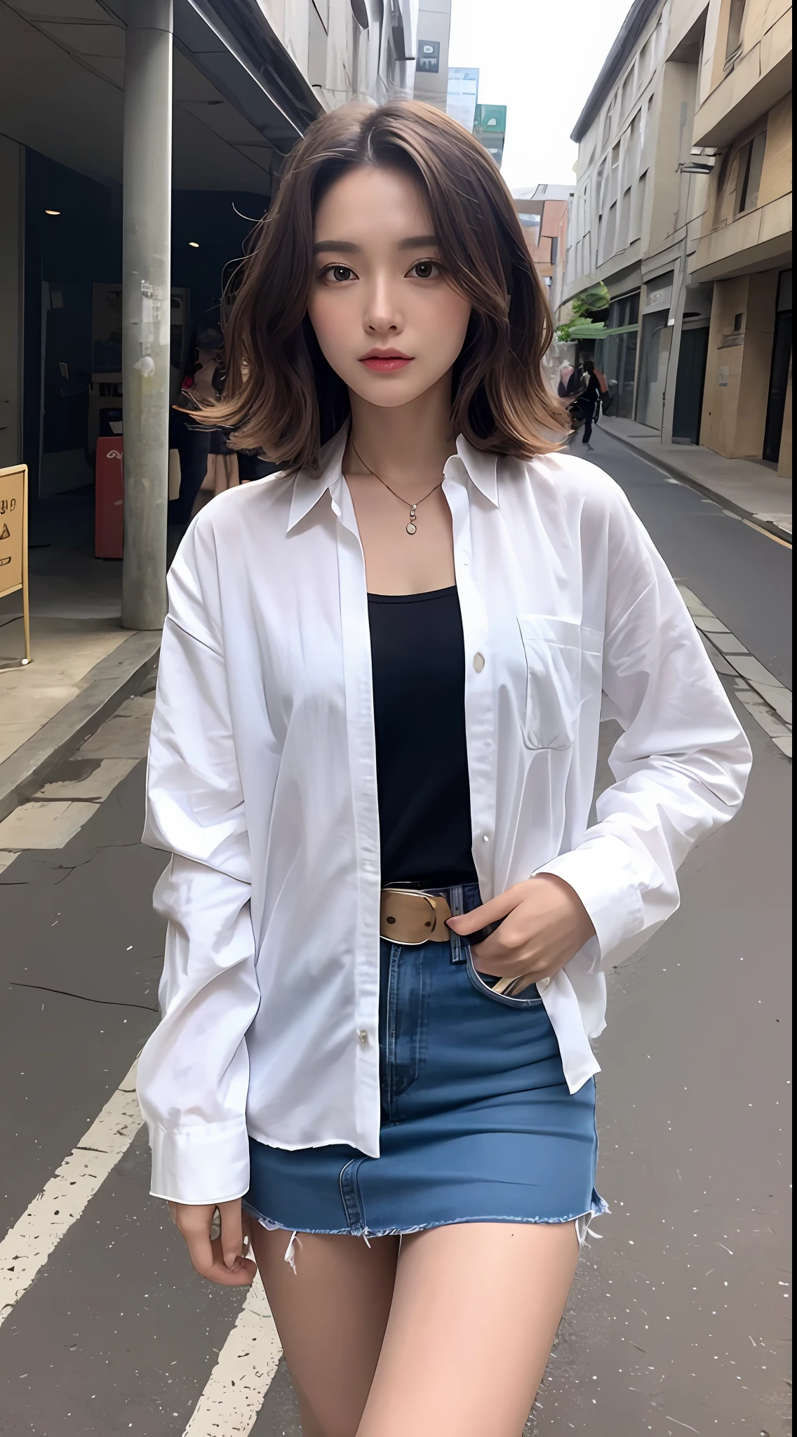 (beste-Quality、Hi-Def、A masterpice:1.3)、Tall and cute woman、Slender abs、Dark brown hair styled in loose waves、short-hair、Bob Style、smalll breasts、Wearing a pendant、White button-up shirt、a belt、Black skirt、(Modern architecture in background)、Details exquisitely rendered in the face and skin texture、detailed eye、双眼皮