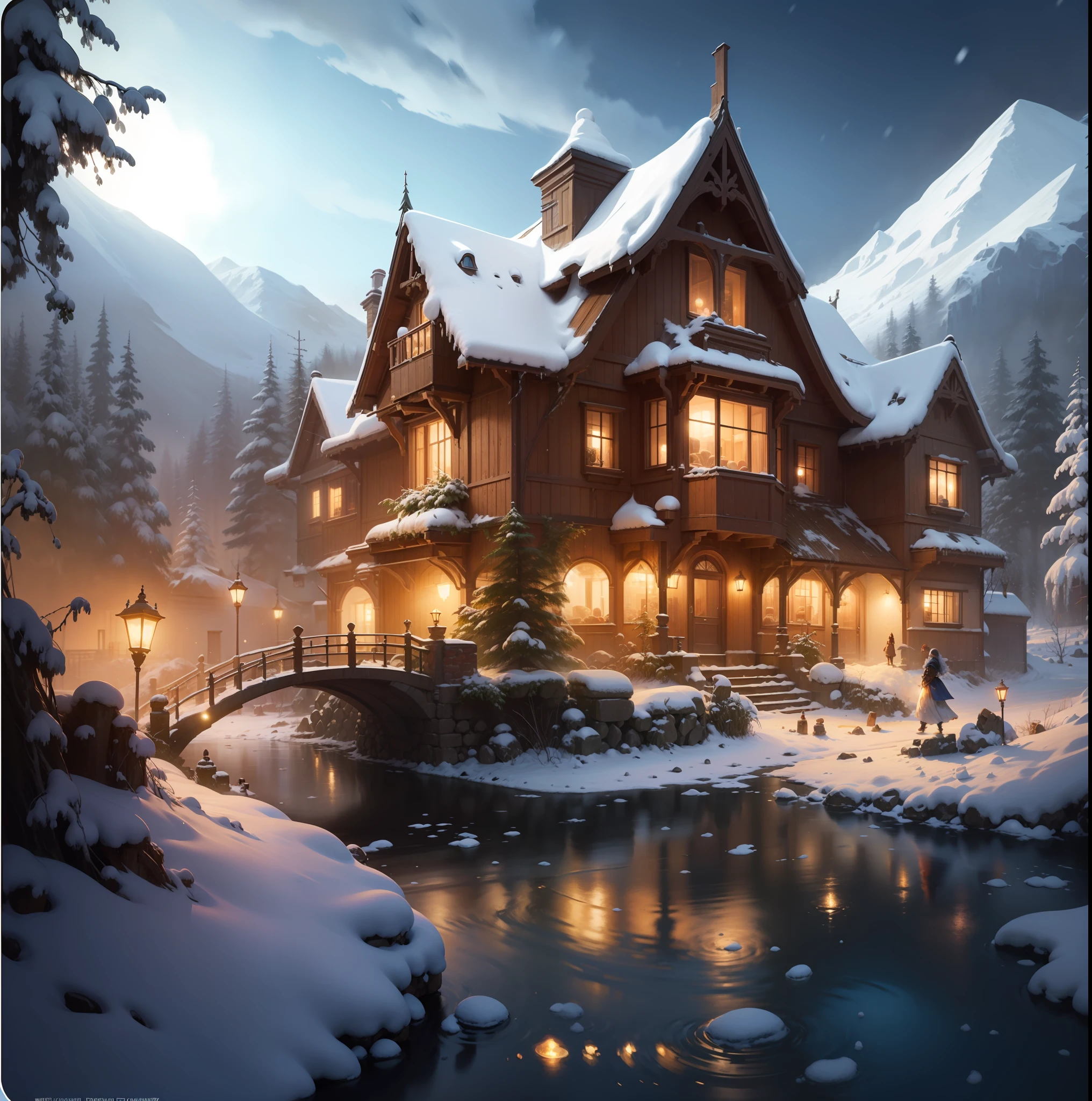 Village in winter, cottage house covered in snow, epic winter landscape with a stream, sparkle, warrior art nouveau, matte painting, bright colors, concept art by Greg Rutkowski, a nake Beautiful girl in front of cottage