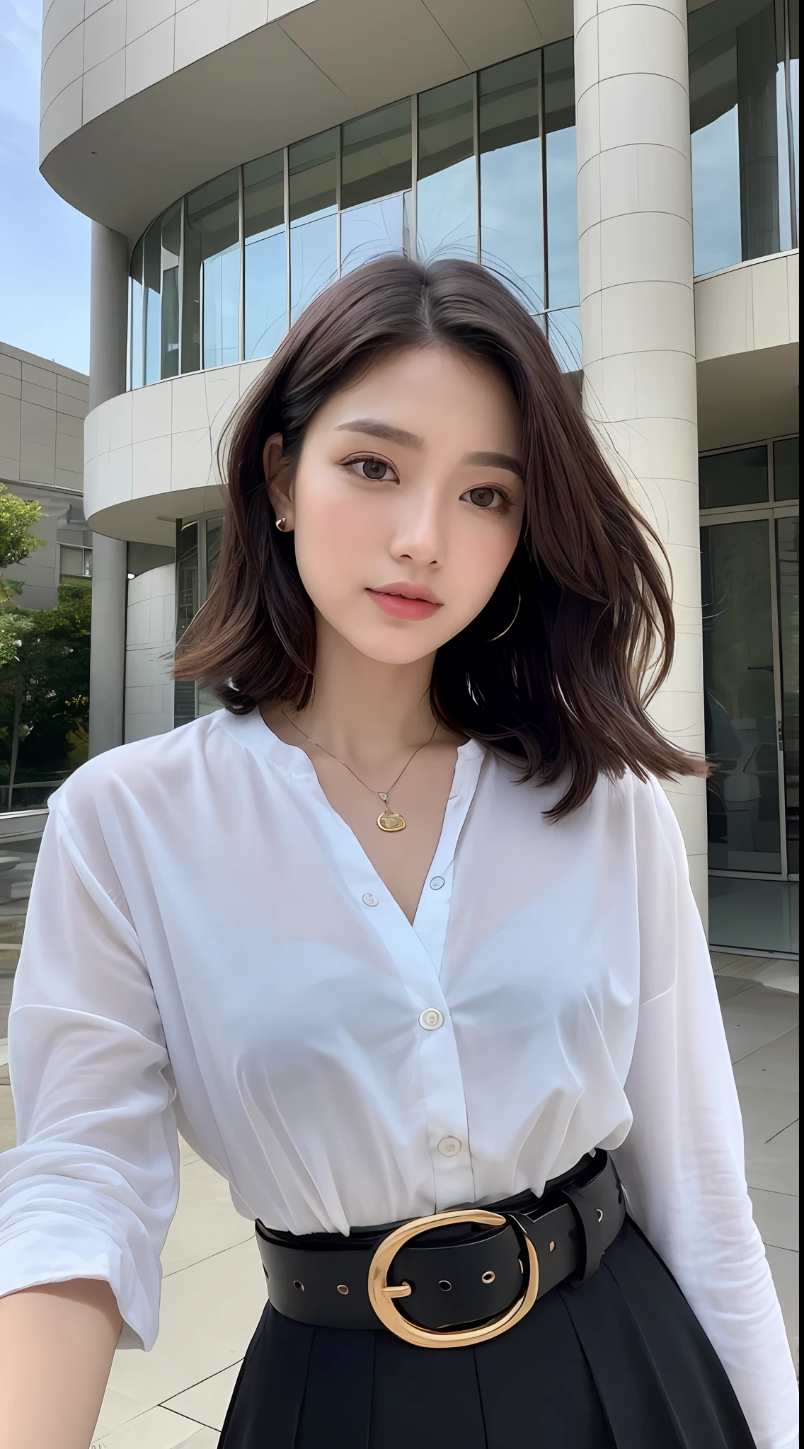 (beste-Quality、Hi-Def、A masterpice:1.3)、Tall and cute woman、Slender abs、Dark brown hair styled in loose waves、short-hair、Bob Style、smalll breasts、Wearing a pendant、White button-up shirt、a belt、Black skirt、(Modern architecture in background)、Details exquisitely rendered in the face and skin texture、detailed eye、双眼皮
